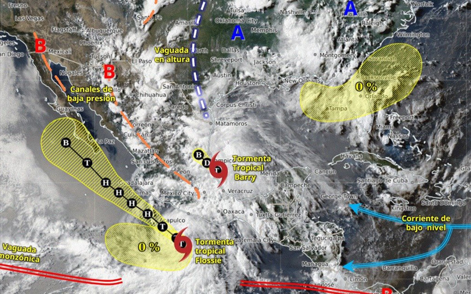 Barry toca tierra en Veracruz; Flossie podría convertirse en huracán en el Pacífico