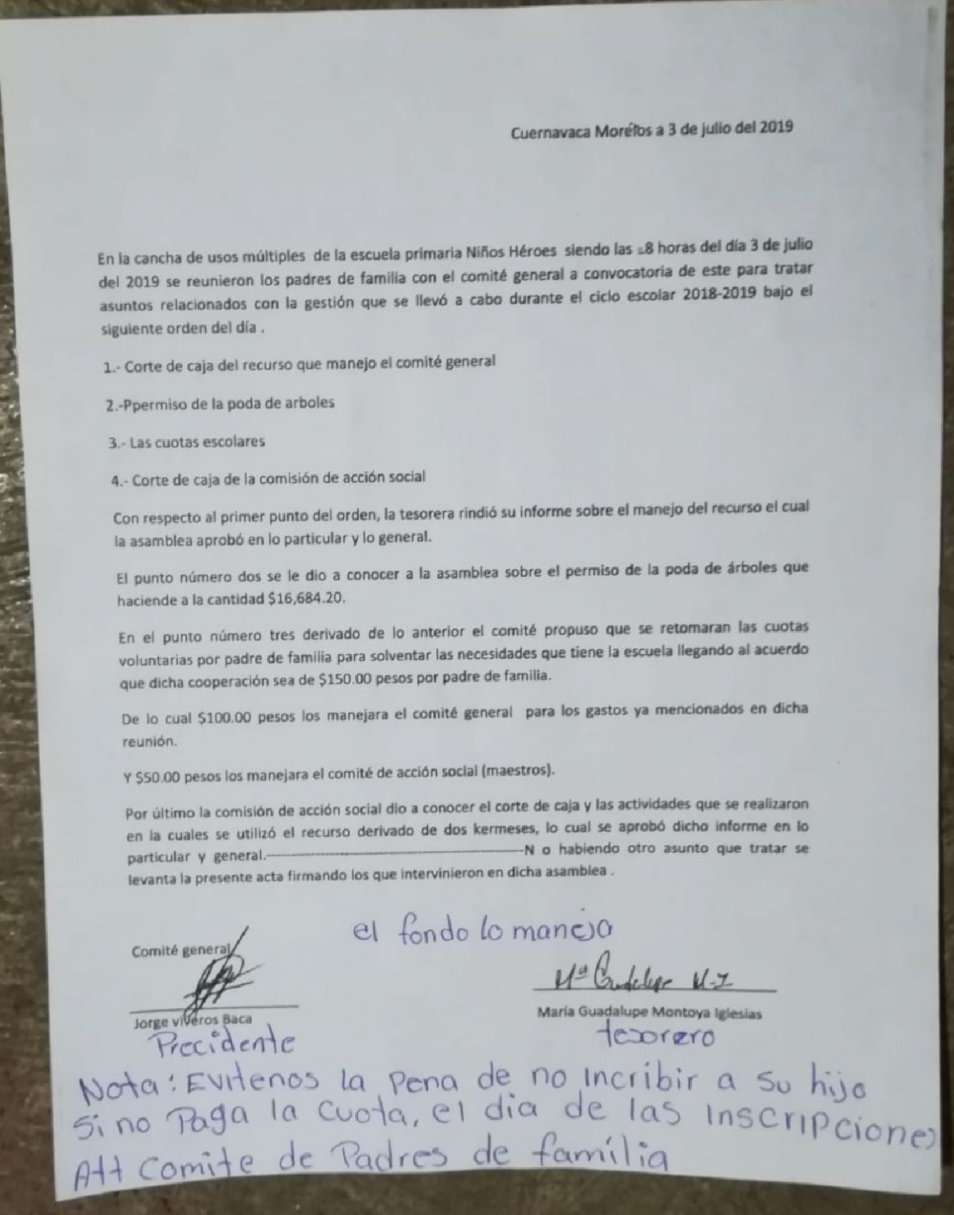 Denuncian padres de familia amenaza de cobro de cuota en primaria de Alta Vista