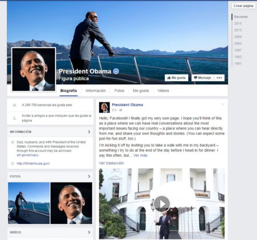Barack Obama abre página personal en Facebook