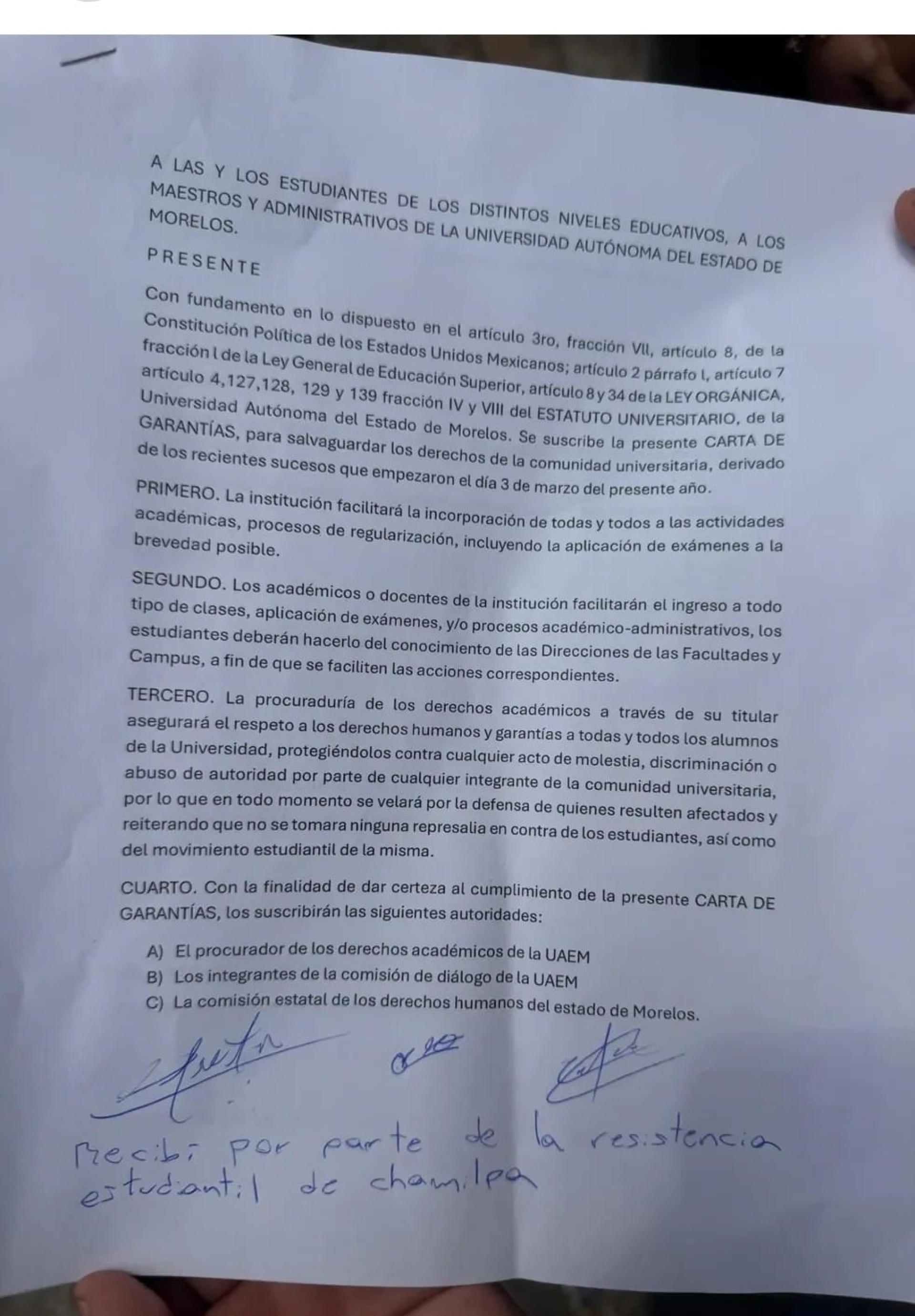 Representantes estudiantiles de UAEM entregan Carta de Garantías a integrantes de Resistencia Estudiantil