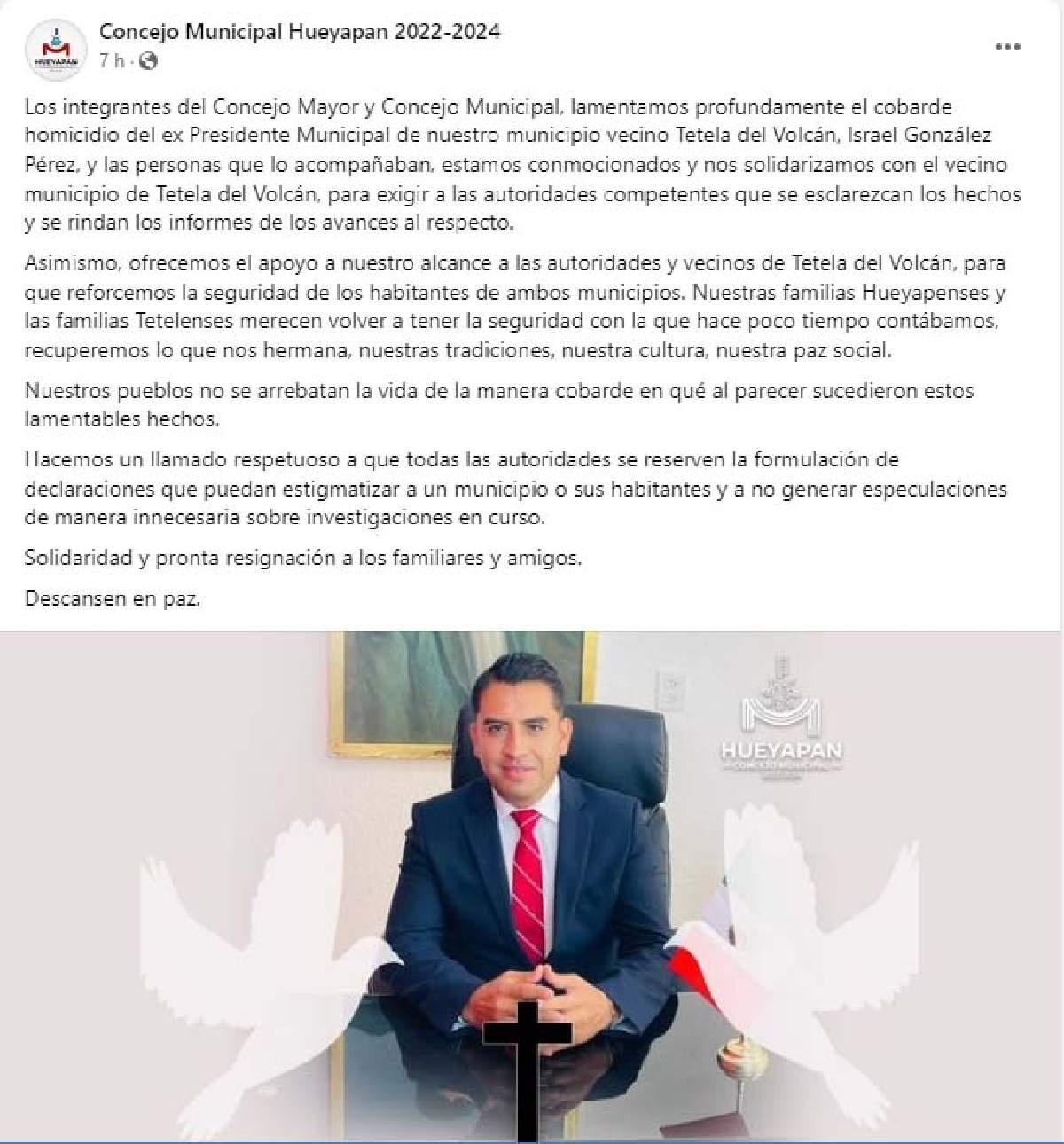 Reacciona Hueyapan al asesinato de exalcalde de Tetela del Volcán