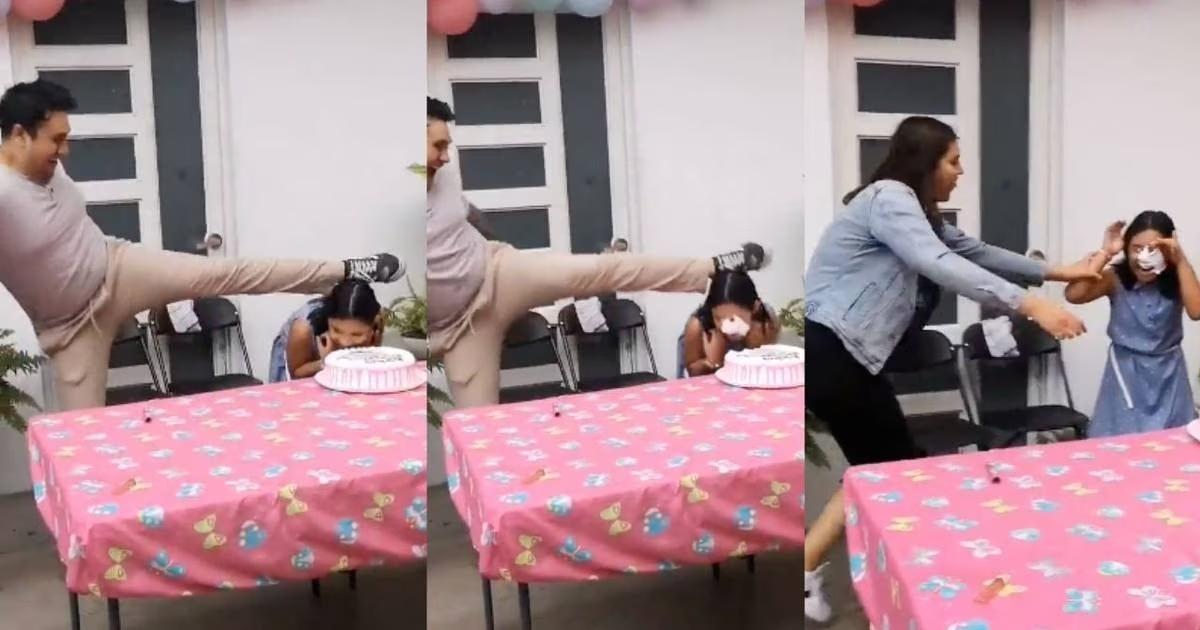 Cumpleaños controversial: Padre 'patea' a su hija al pastel