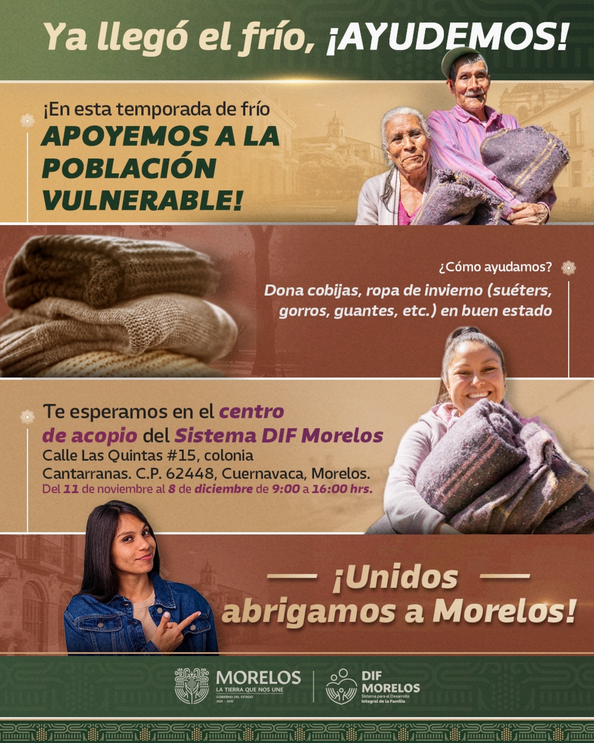 Invita SEDIF a la población a sumarse a la gran colecta de invierno 'Unidos abrigamos Morelos'