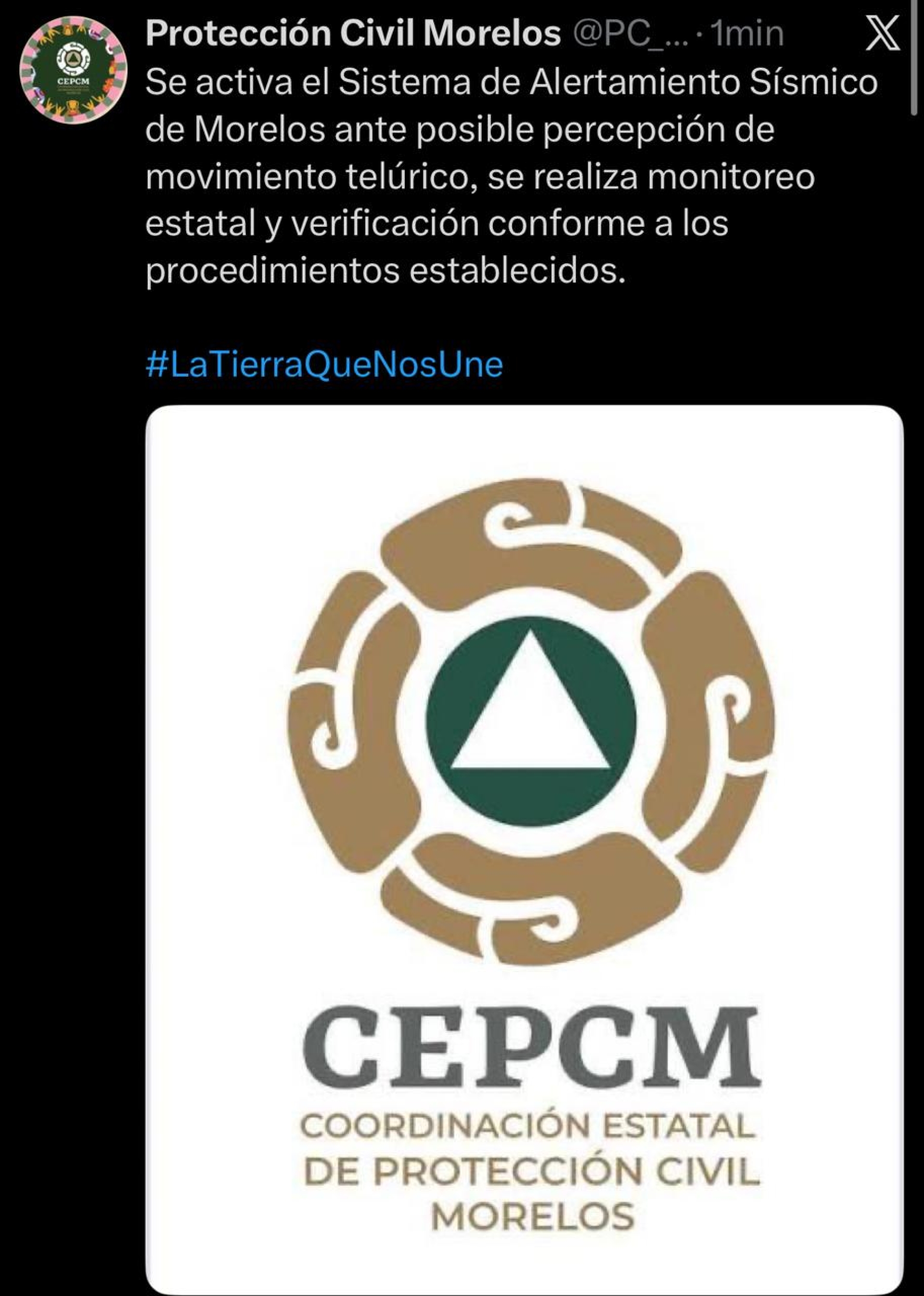 Se activa Sistema de Alertamiento Sísmico de Morelos, ante posible percepción de movimiento telúrico
