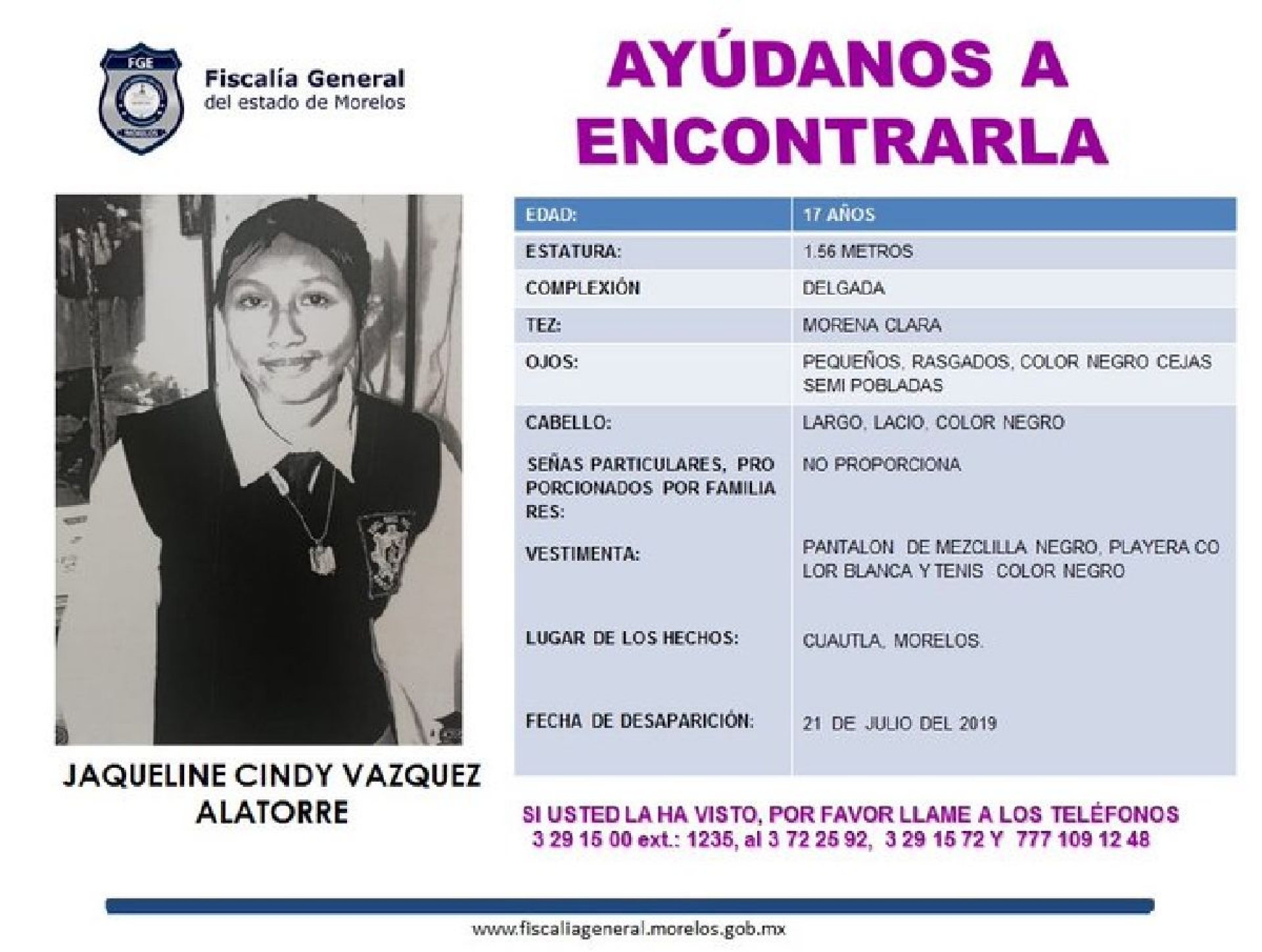 Buscan a una adolescente que desapareció en Cuautla
