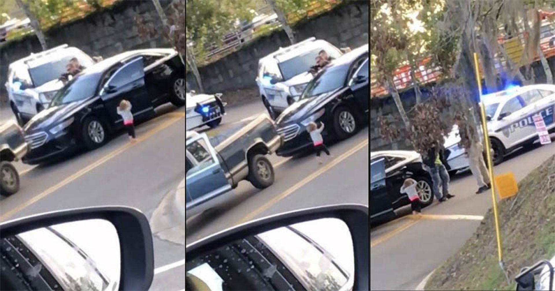 Niña imita a sus padres, levanta los brazos y se entrega a la autoridad