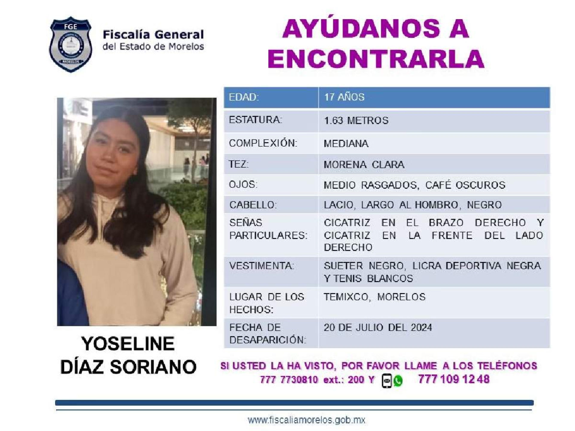 Una adolescente desapareció en Temixco