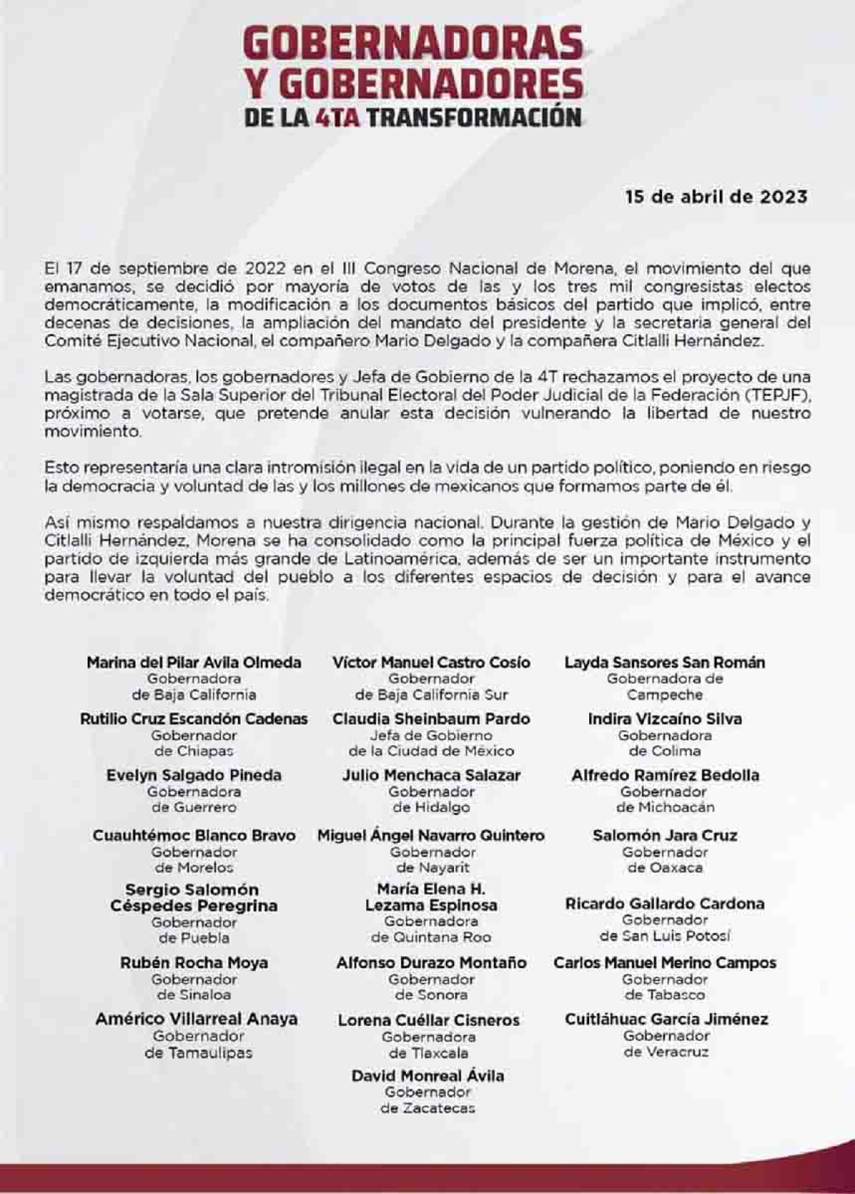 Gobernadores de Morena respaldan a Mario Delgado