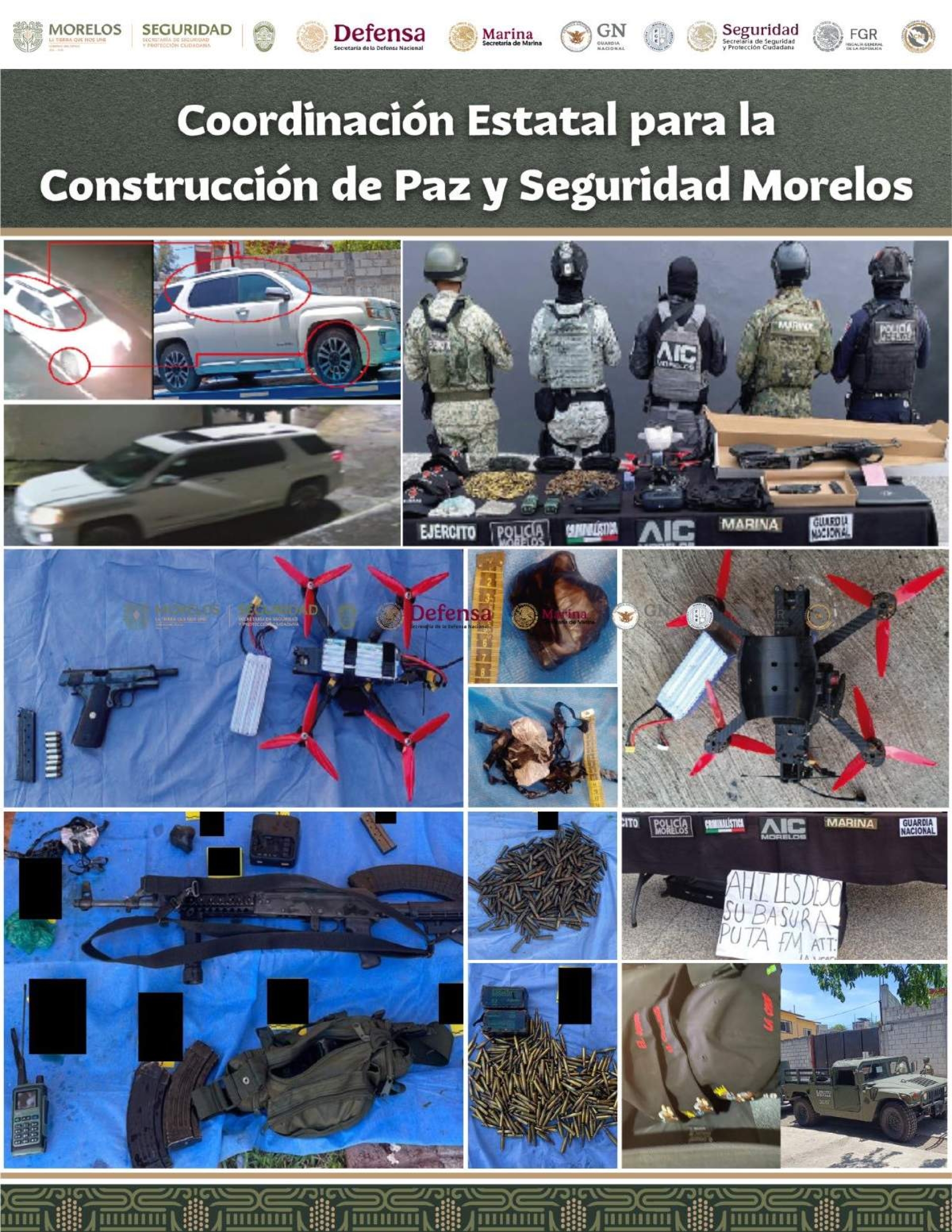 Decomisan autos, armas, dron y explosivos en Jiutepec