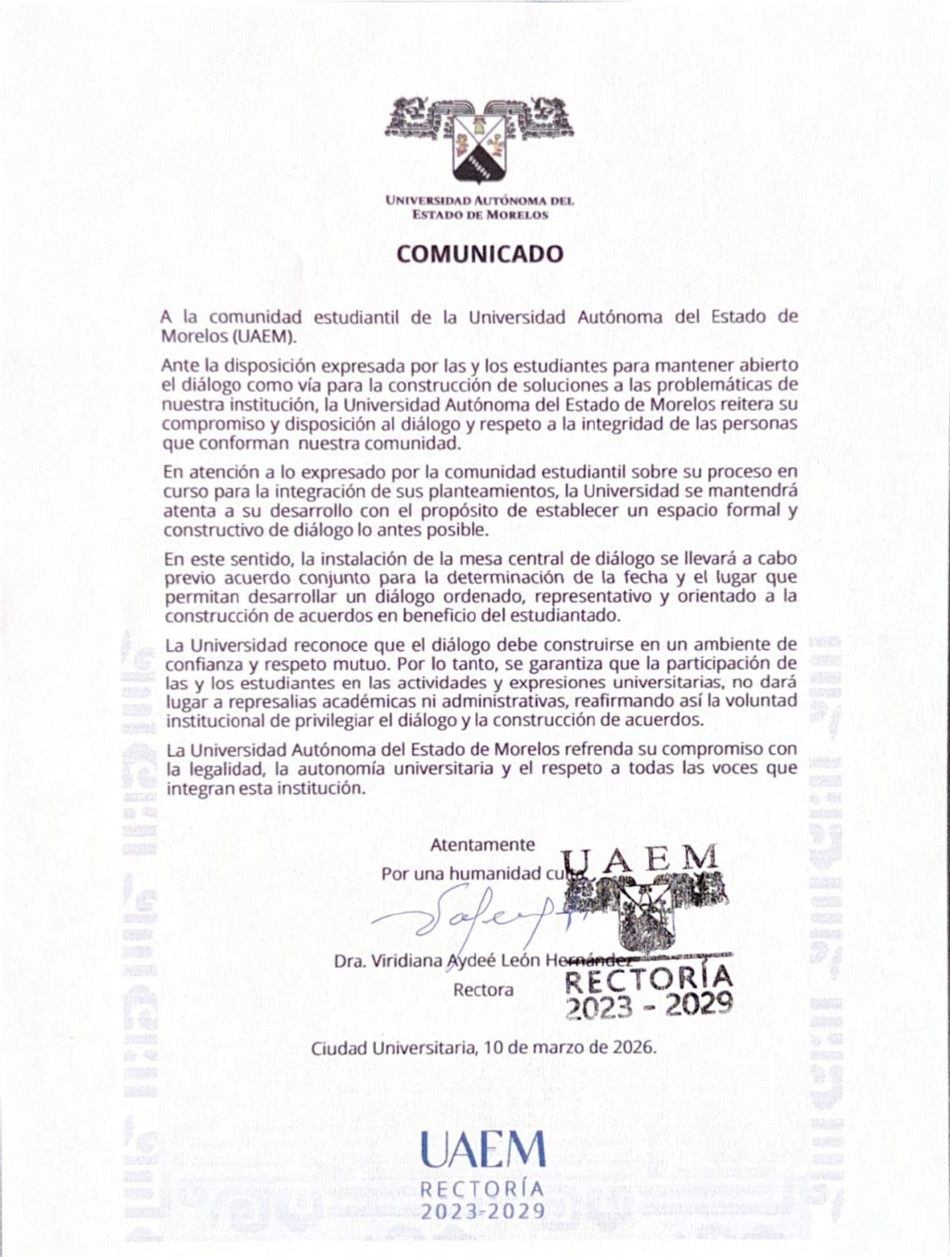 La UAEM, atenta a diálogo: rectoría