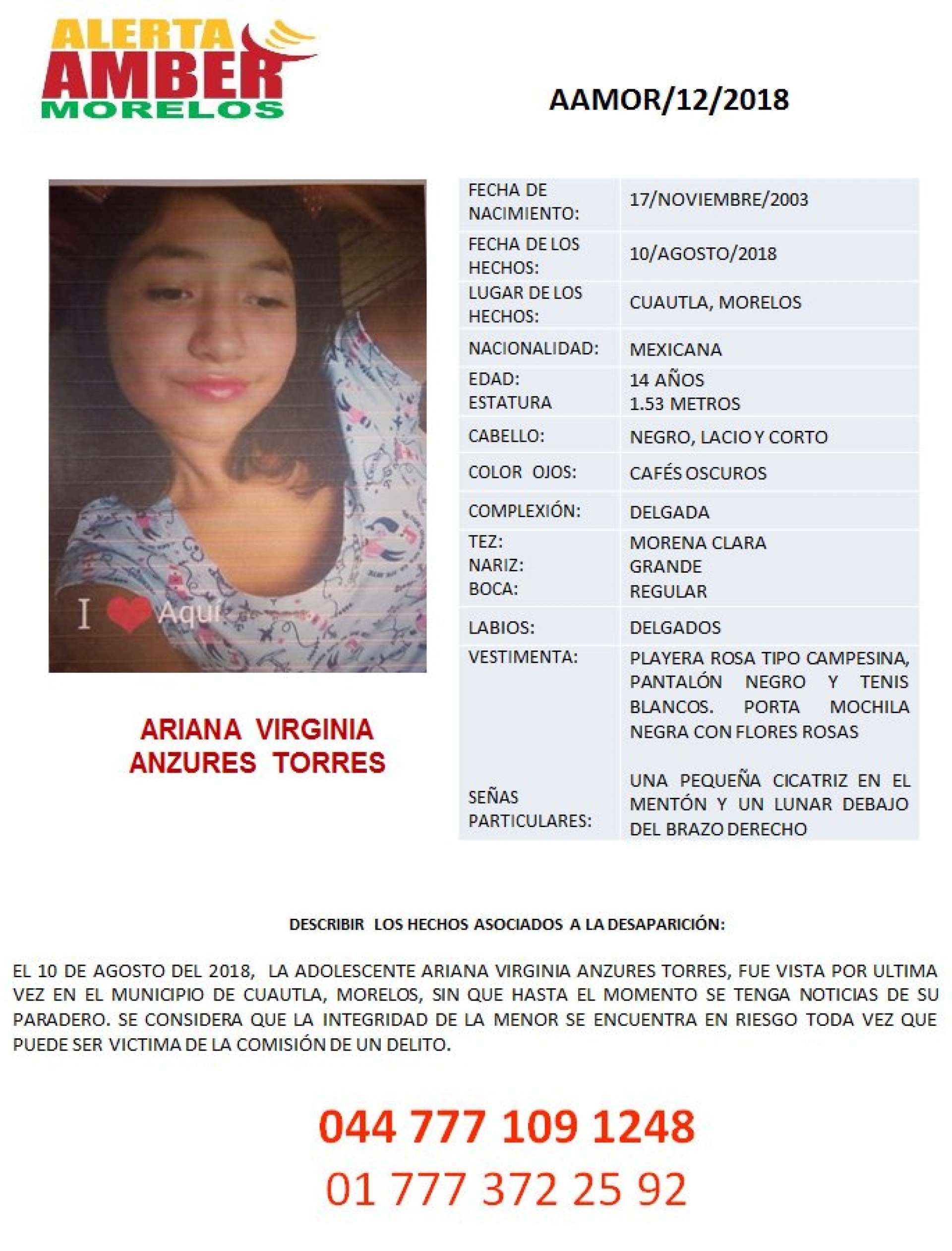 Reportan la desaparición de una adolescente de 14 años