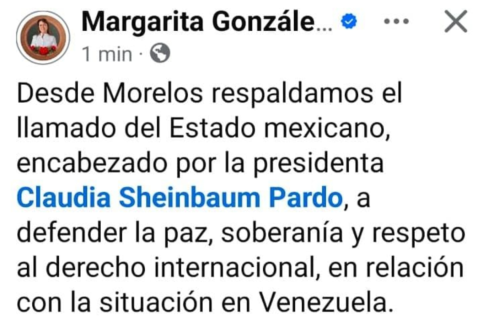 Respalda gobernadora de Morelos llamado del Estado mexicano en relación con la situación en Venezuela