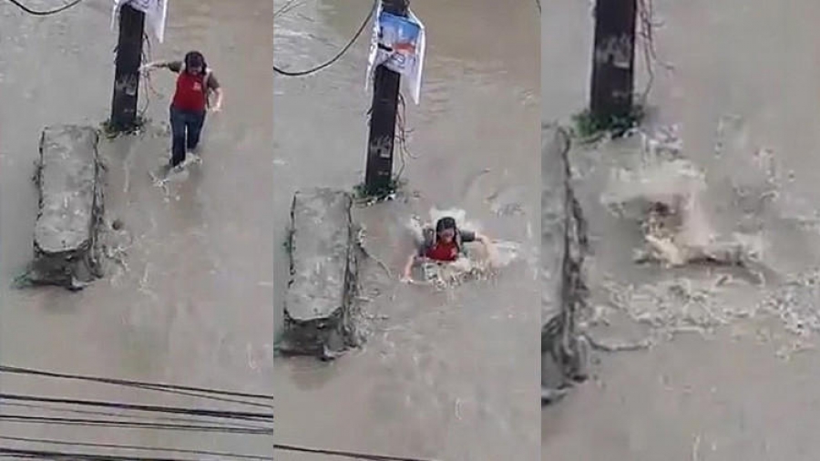 Joven cae por una alcantarilla y reaparece 20 metros más adelante