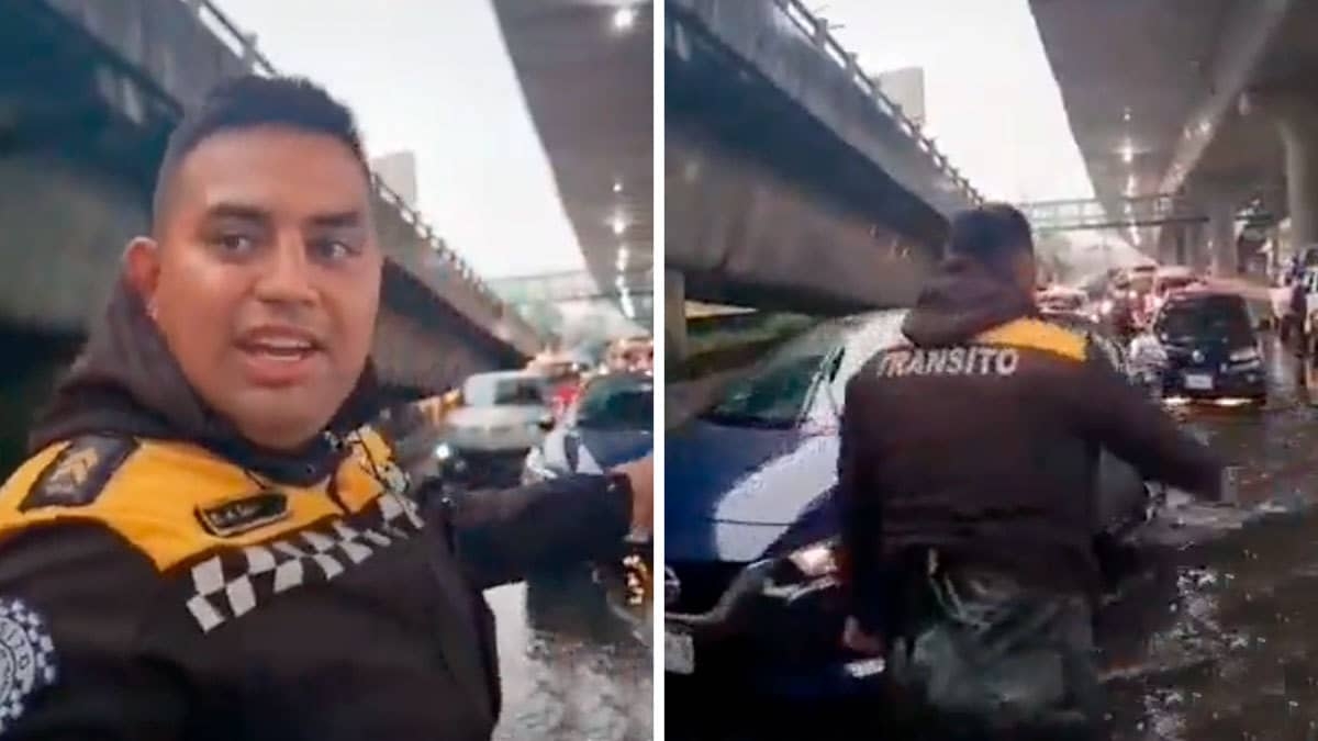Policía de Tránsito apoya a automovilistas en inundación y se viraliza