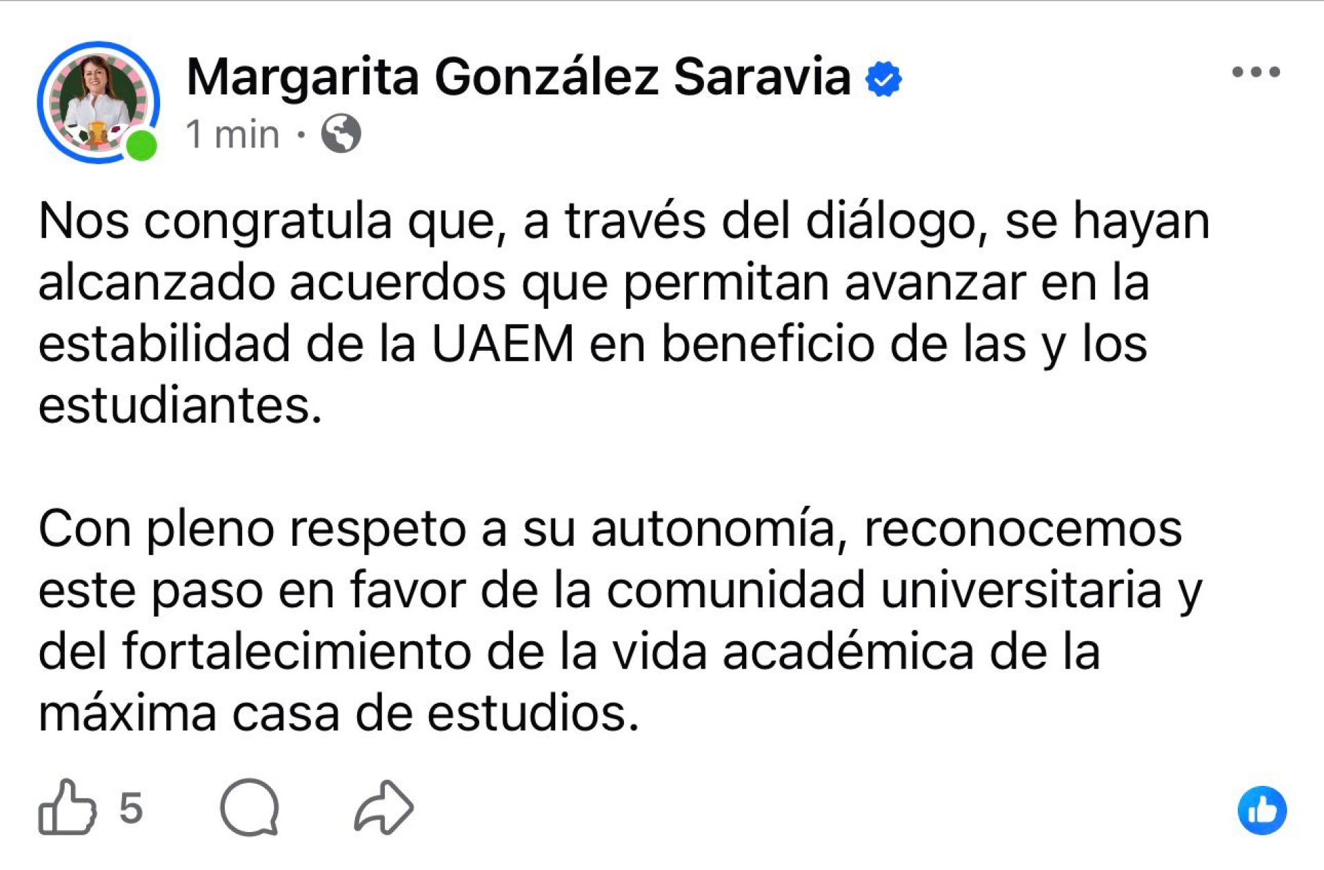 Reconoce gobernadora avance en estabilidad de la UAEM, a través del diálogo y en beneficio de estudiantes