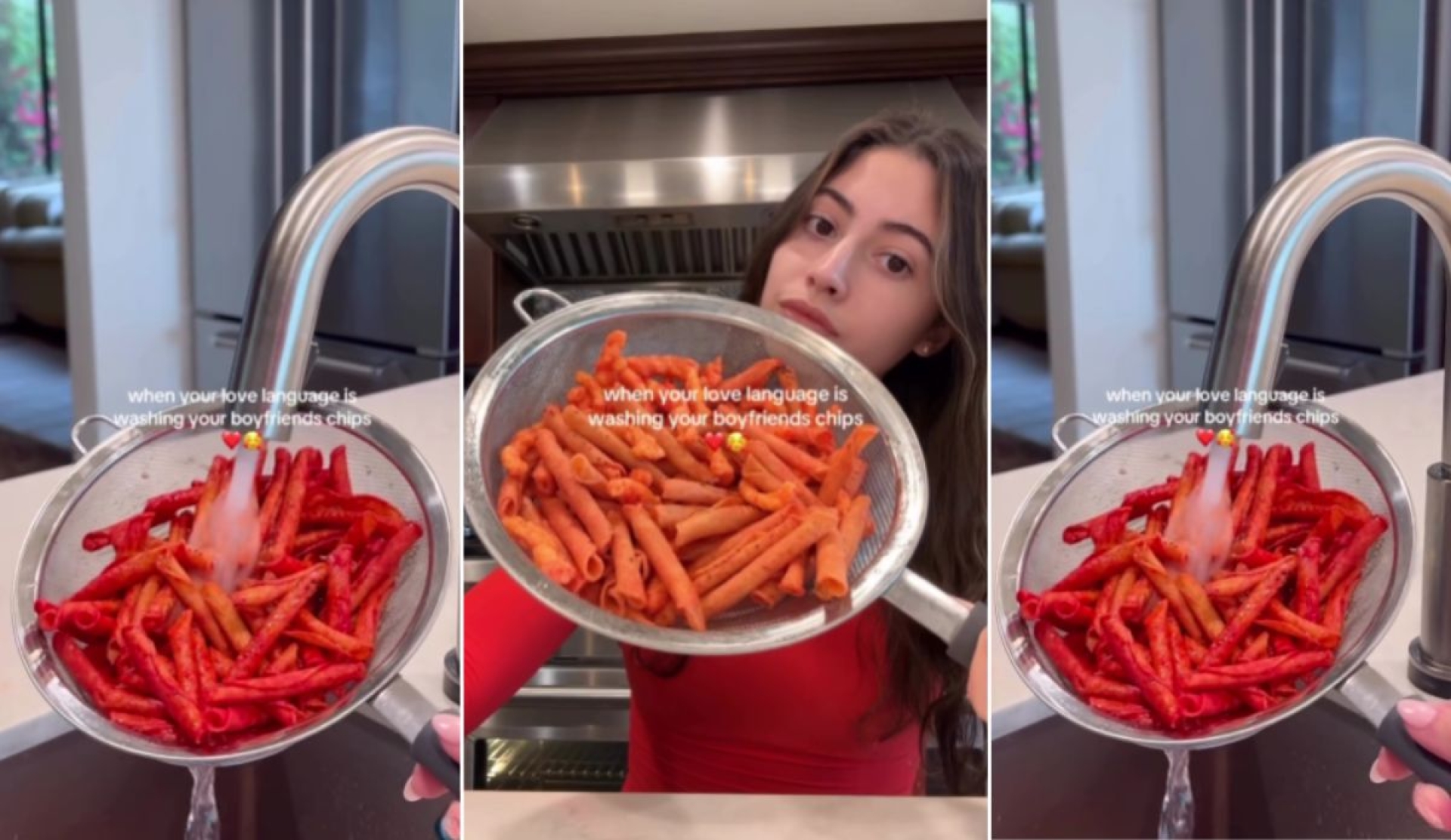 'Mejor nadota': joven causa revuelo por enjuagar papas enchiladas para su pareja que no come chile