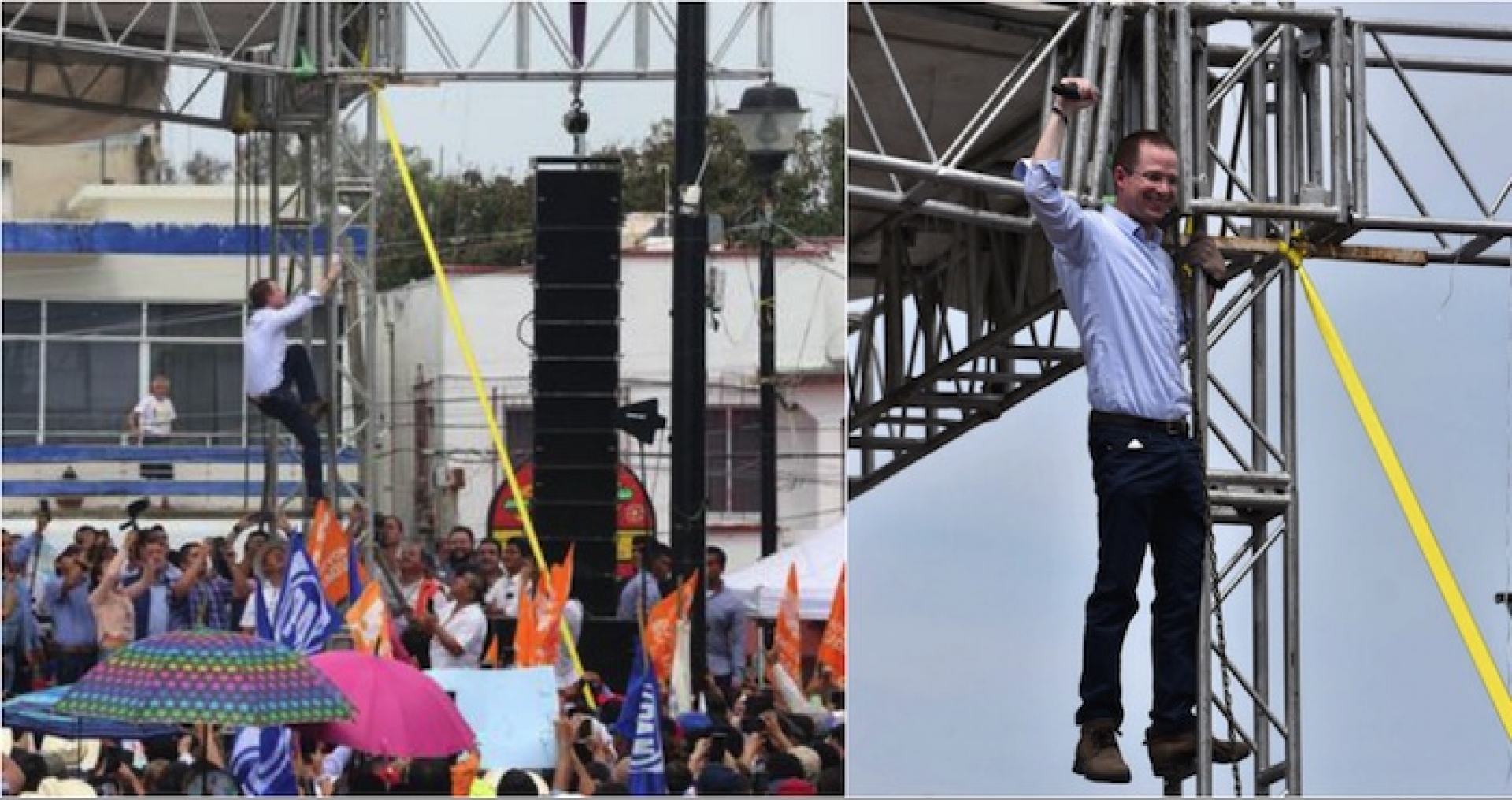 Ricardo Anaya trepa estructura para ofrecer discurso durante cierre de precampaña, en Veracruz (VIDEO)