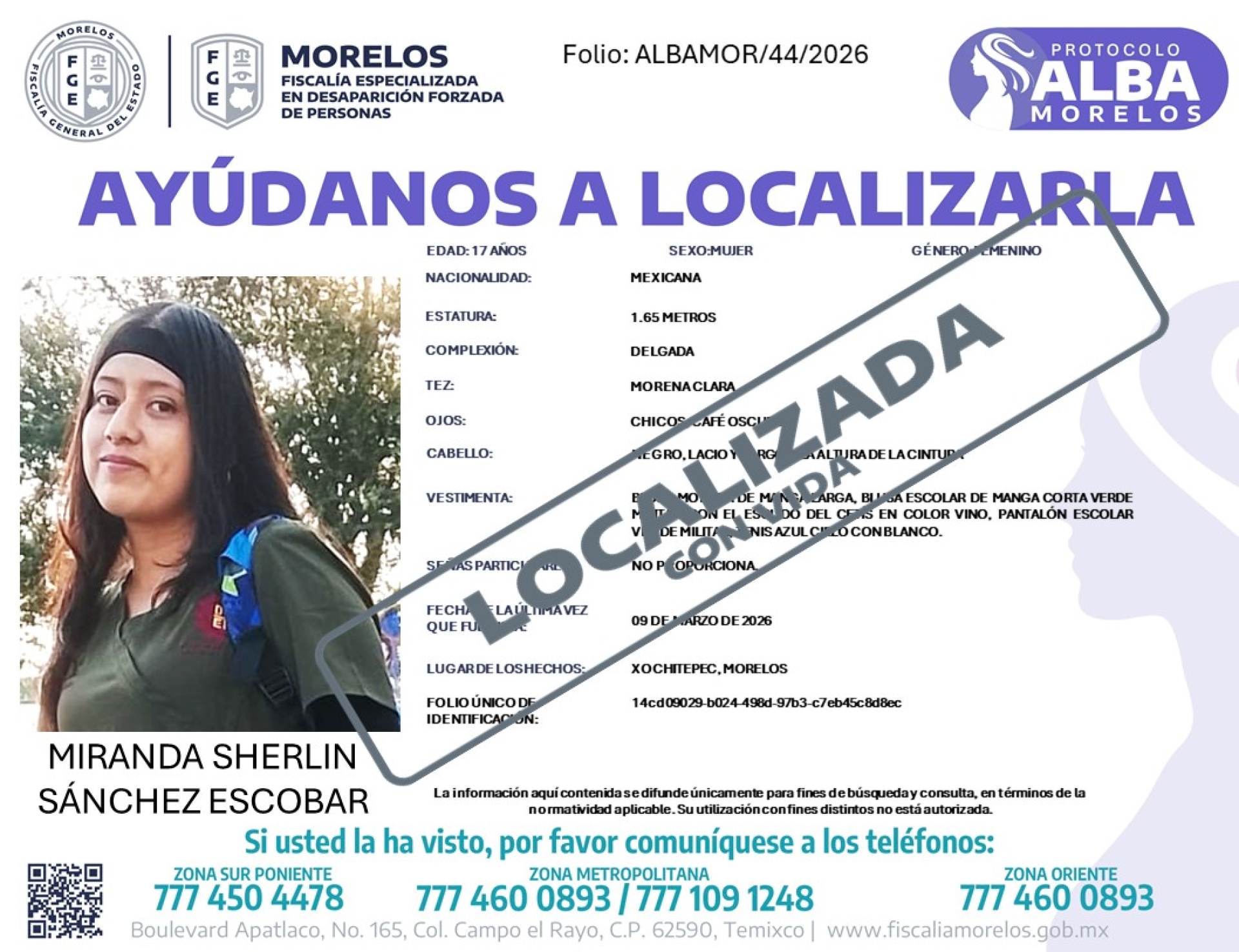Miranda Sherlin Sánchez Escobar fue localizada con vida; FGE desactiva Protocolo Alba
