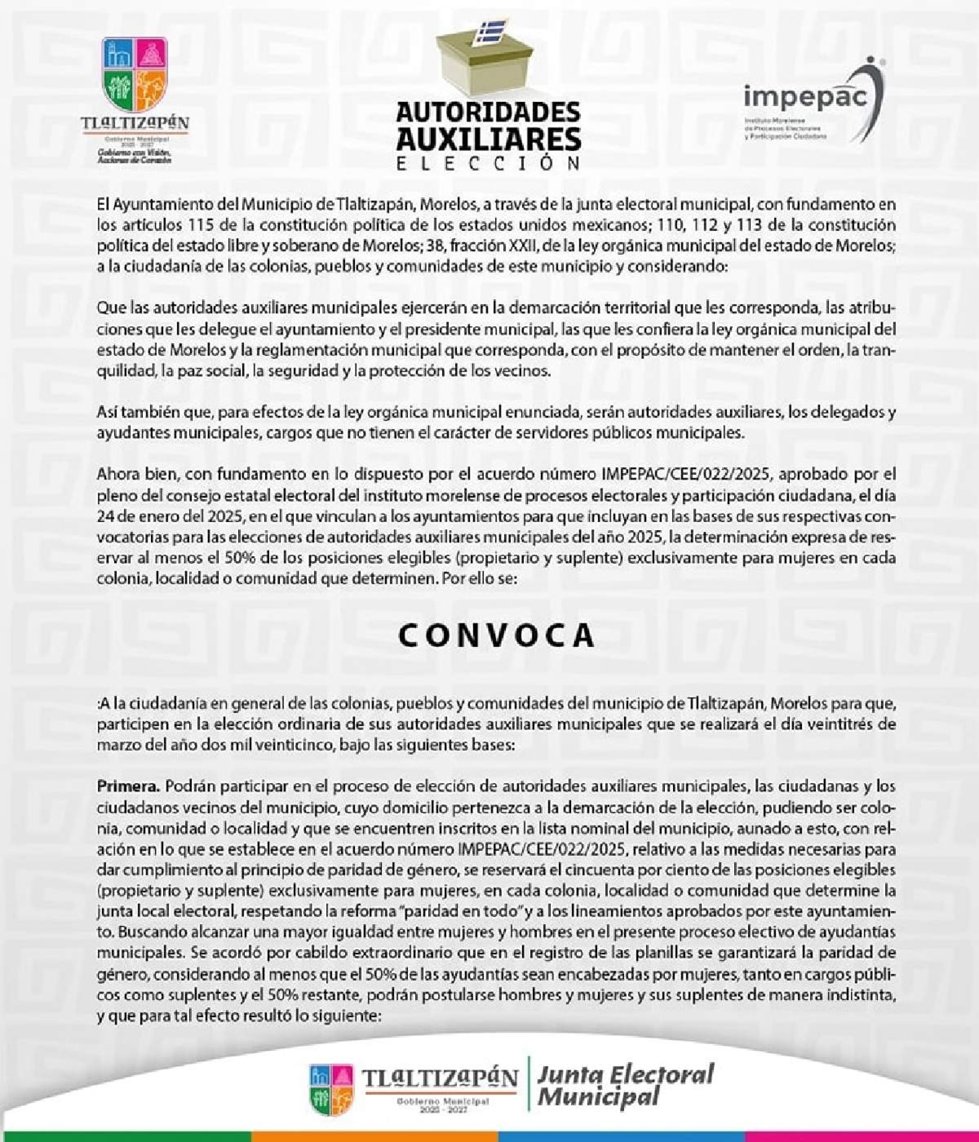 Lanzan convocatoria en Tlaltizapán para renovar ayudantías