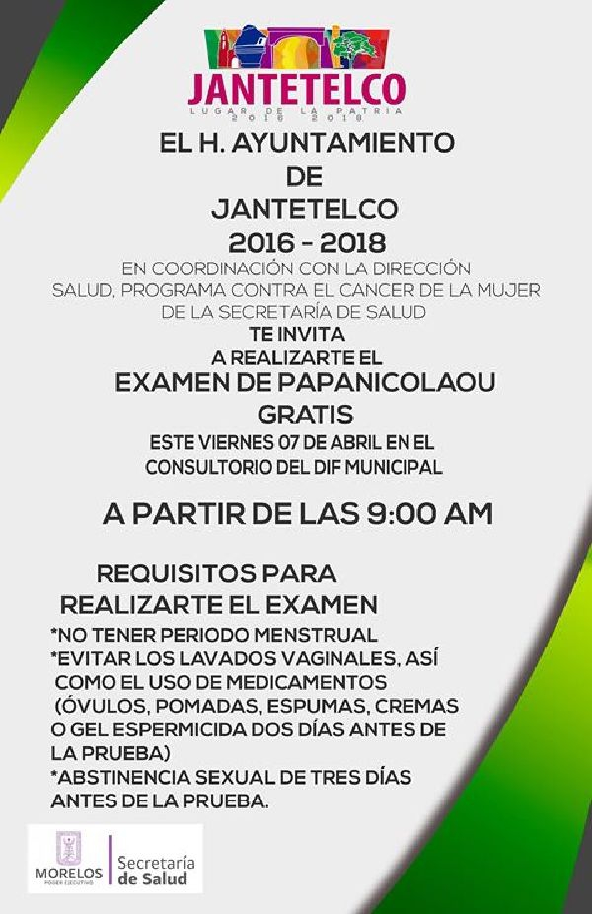 El próximo 7 de abril se estarán aplicando exámenes de Papanicolaou gratuitos en Jantetelco