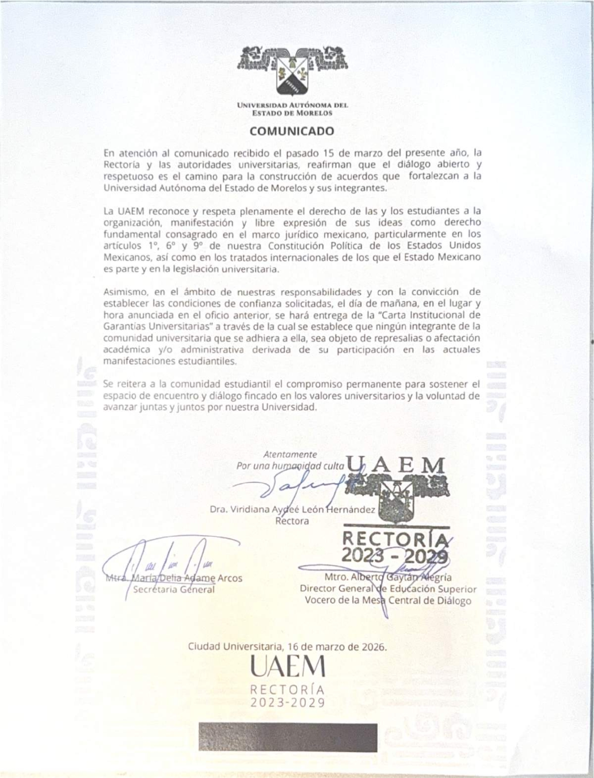 Entregará UAEM hoy carta de garantías a alumnos