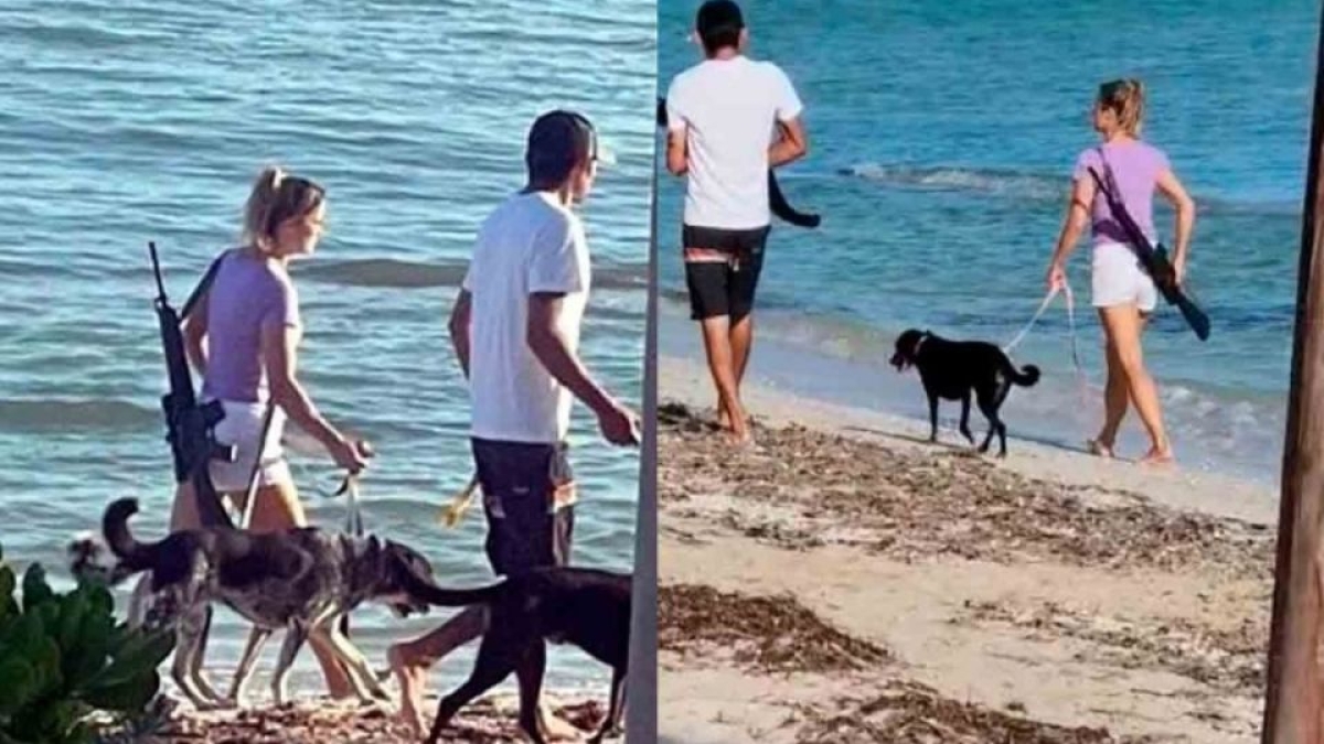 Mujer extranjera se pasea con un rifle en playa de Yucatán