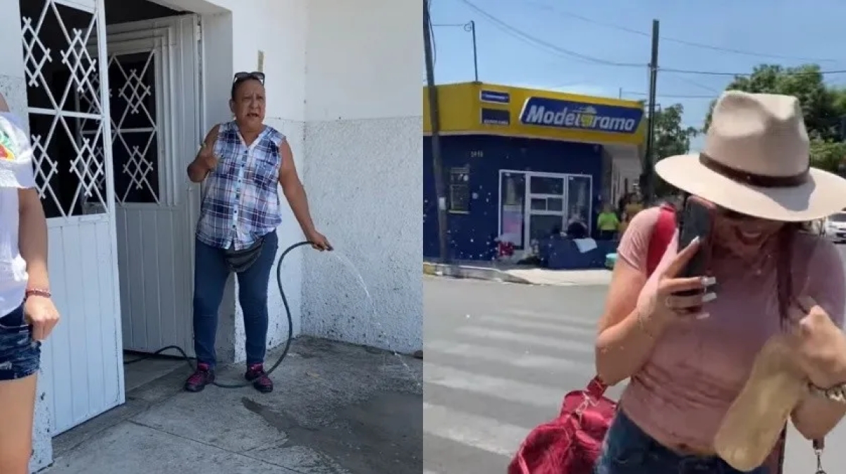 Señora moja a personas que se paran bajo la sombra de un árbol porque la banqueta "es de su propiedad"