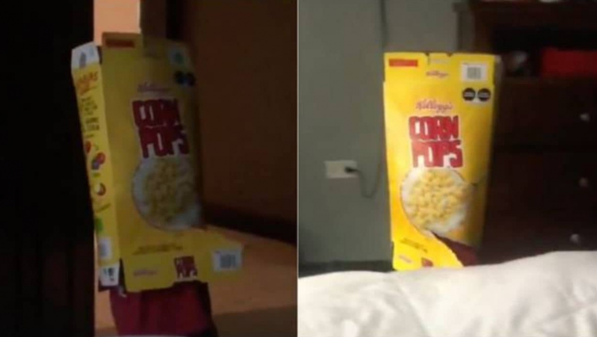 Niño se queda atorado en una caja de cereal