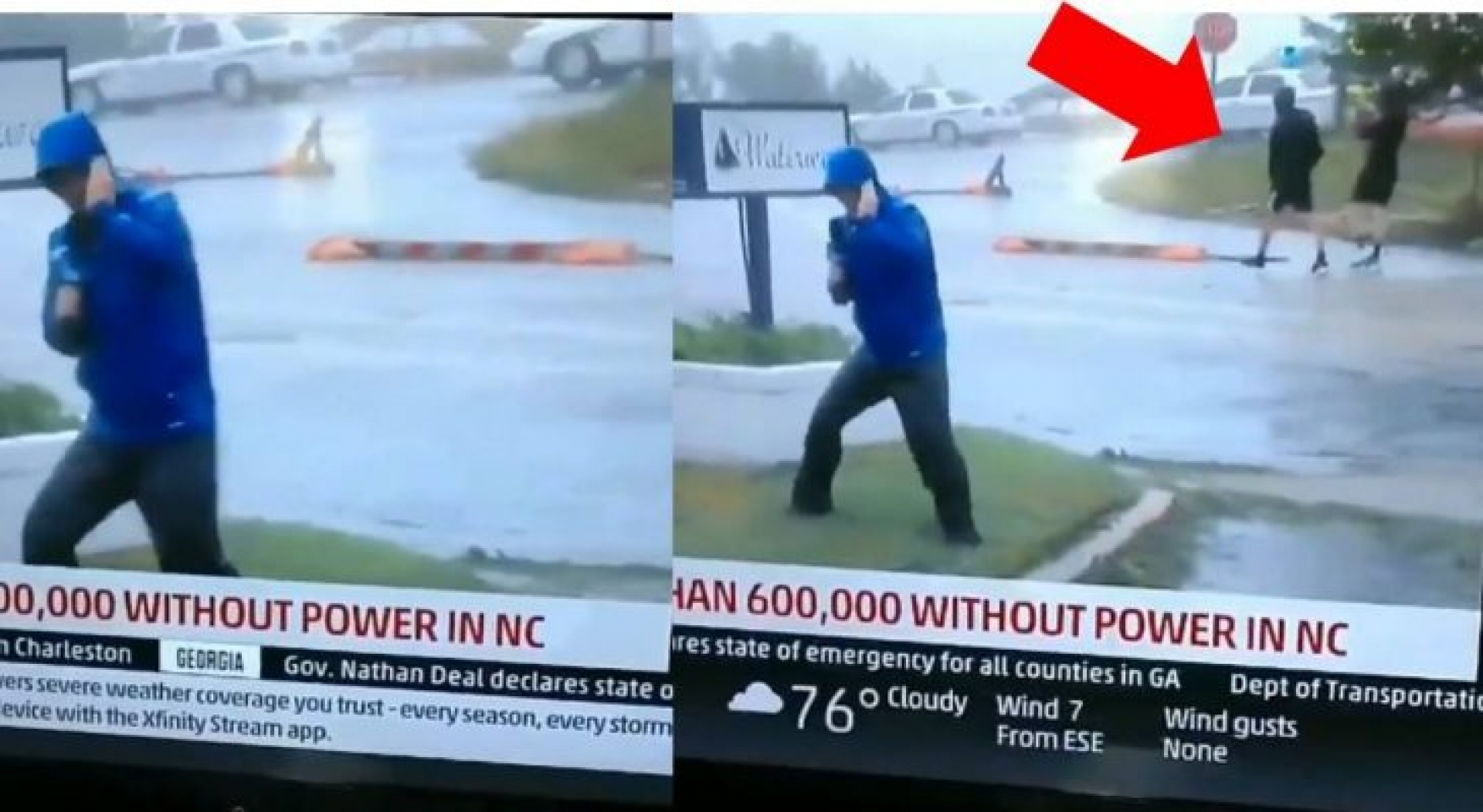 VIDEO: Reportero “lucha” contra vientos del huracán Florence en vivo, pero en eso dos jóvenes pasan como si nada