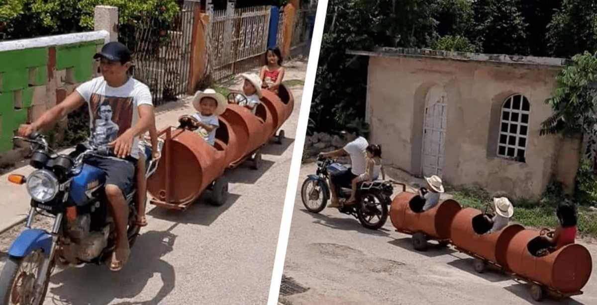 Papá construye un tren con barriles, para jugar con sus hijos