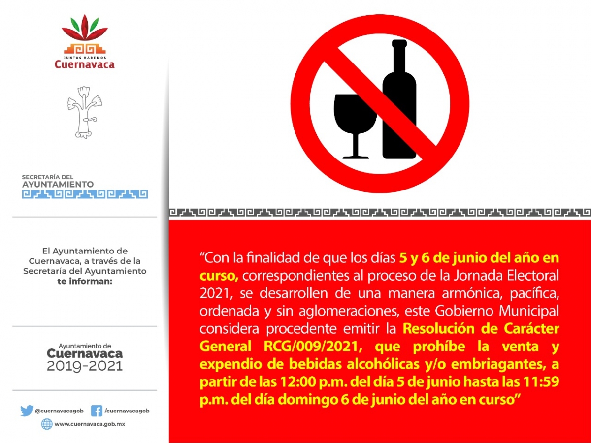 'Ley seca' en Cuernavaca, en sábado 5 y domingo 6 de junio