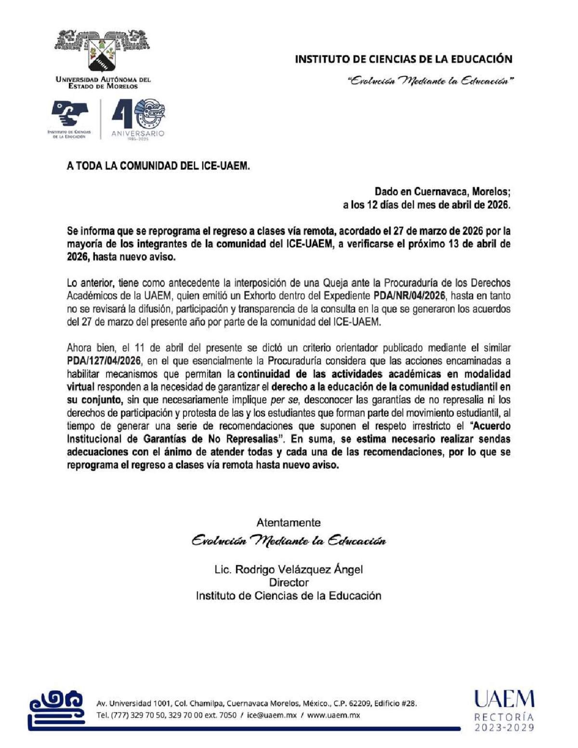 Marcha atrás a regreso a actividades en ICE UAEM