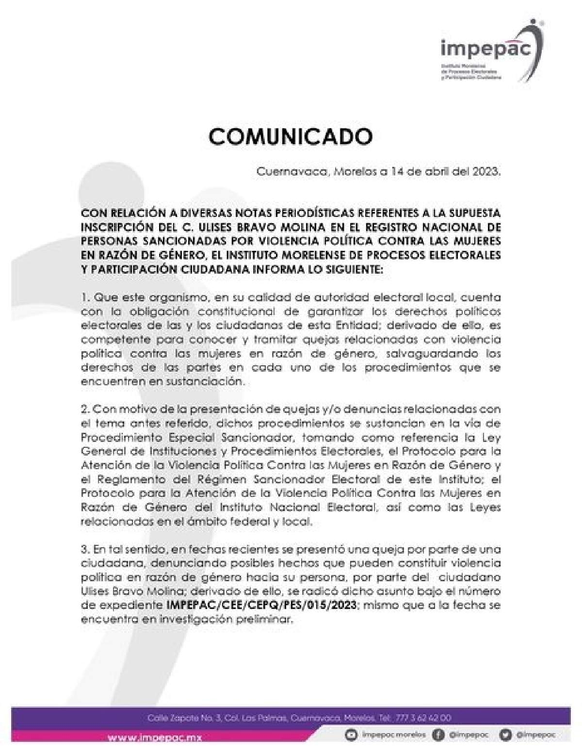 Desmiente Impepac supuesta sanción a Ulises Bravo