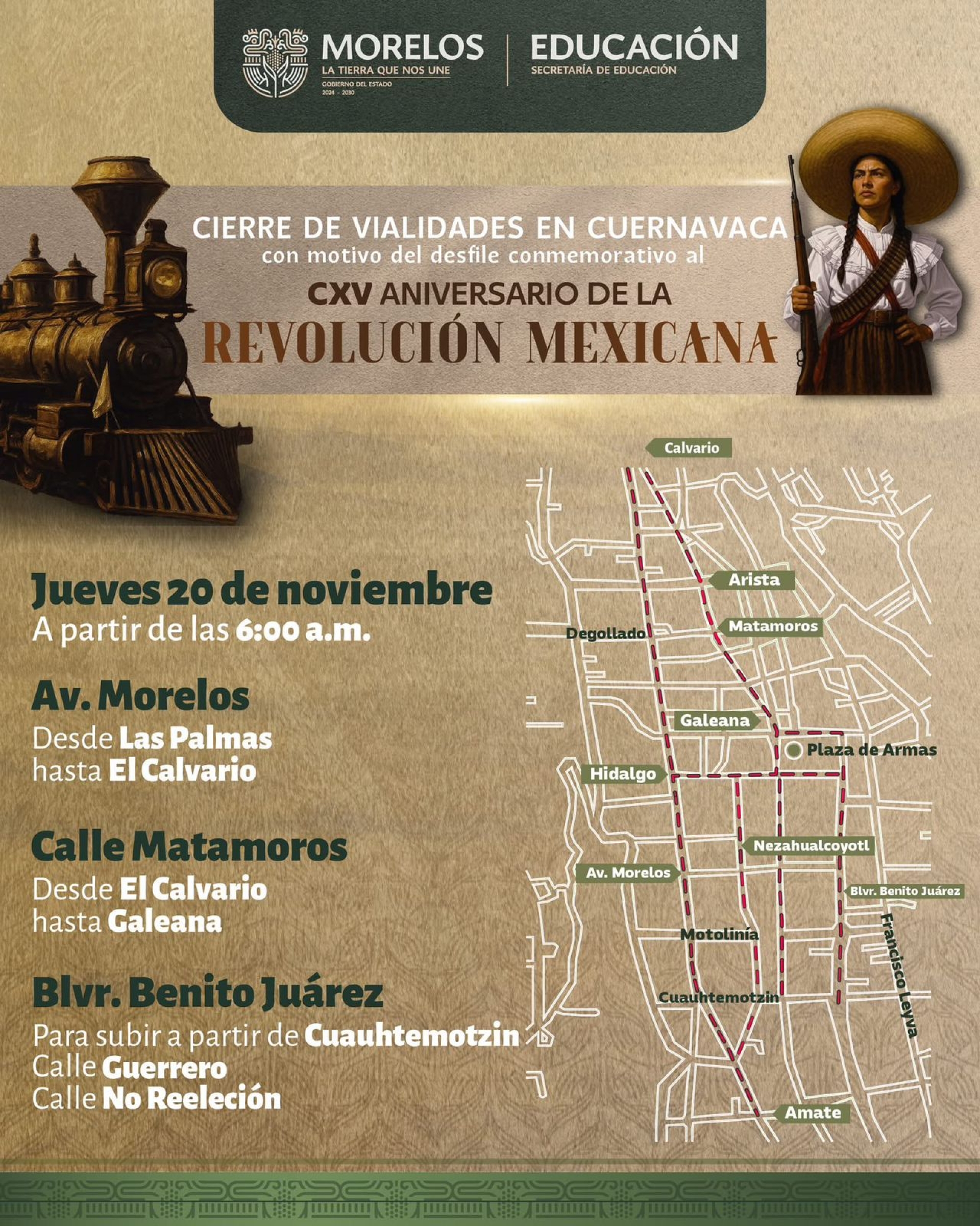 Cierre de vialidades en Cuernavaca por desfile del 115 aniversario de la Revolución Mexicana