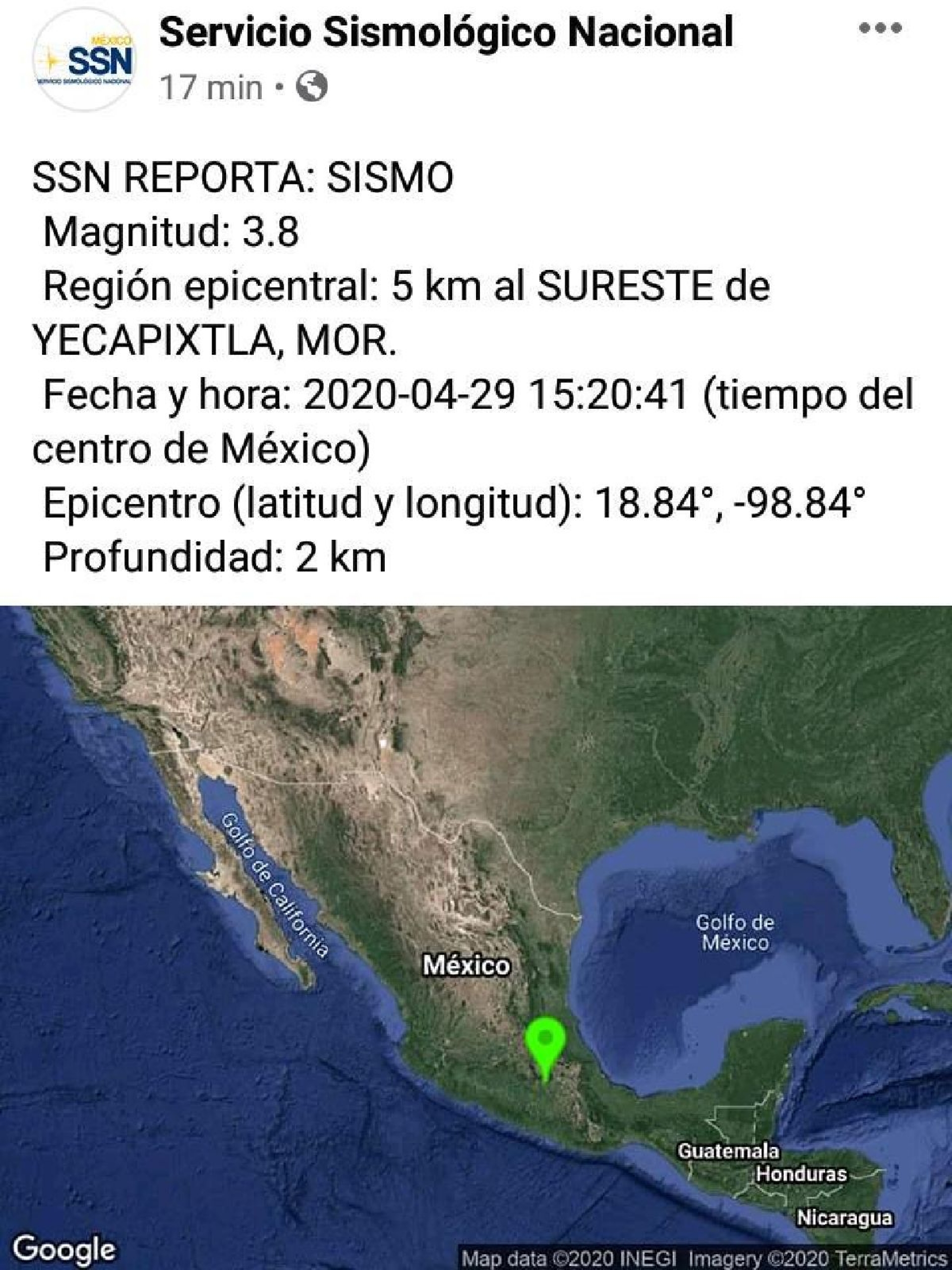 Se registra un sismo de 3.8 en Yecapixtla