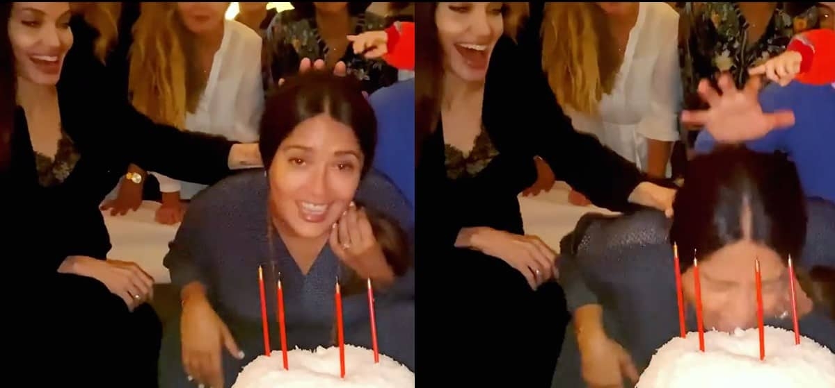 Salma Hayek festeja su cumpleaños y recibe pastelazo de Angelina Jolie