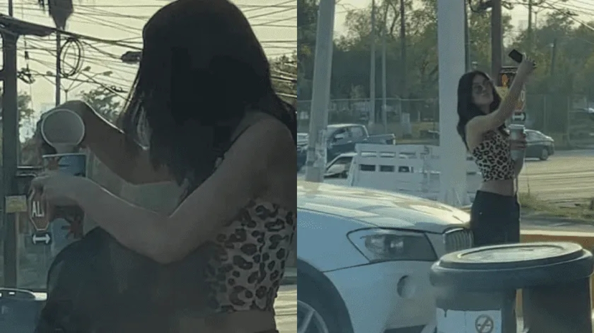¡Para una 'Selfie'! Captan a joven vaciando café de Oxxo a un vaso de Starbucks