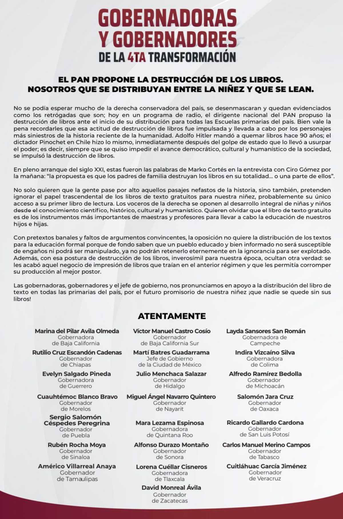 Se pronuncian gobernadores en defensa de la distribución de libros de texto gratuitos