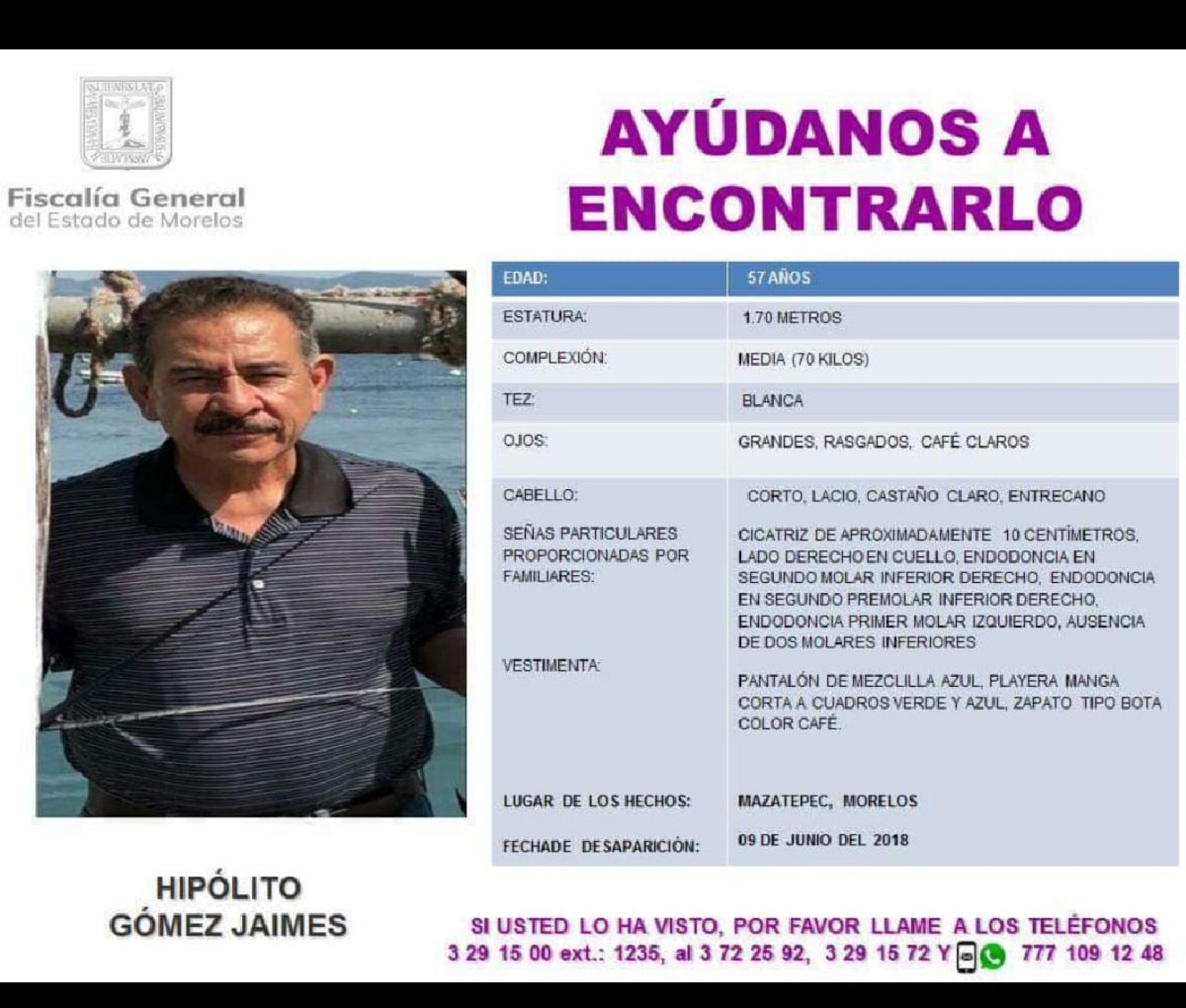 Pide ayuda familia de Mazatepec para encontrar al señor Hipólito Gómez