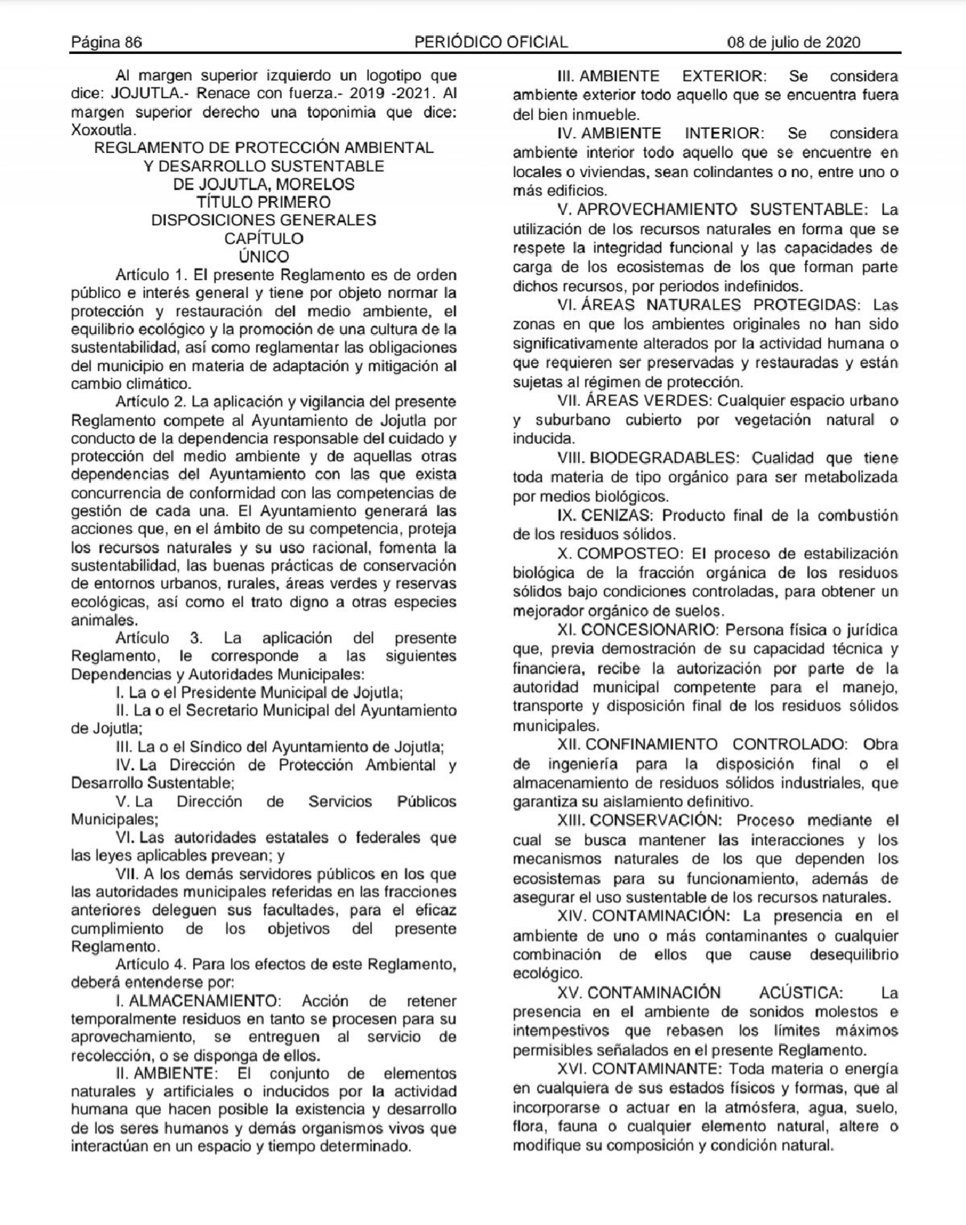 En vigor, Reglamento de Protección Ambiental y Desarrollo Sustentable de Jojutla