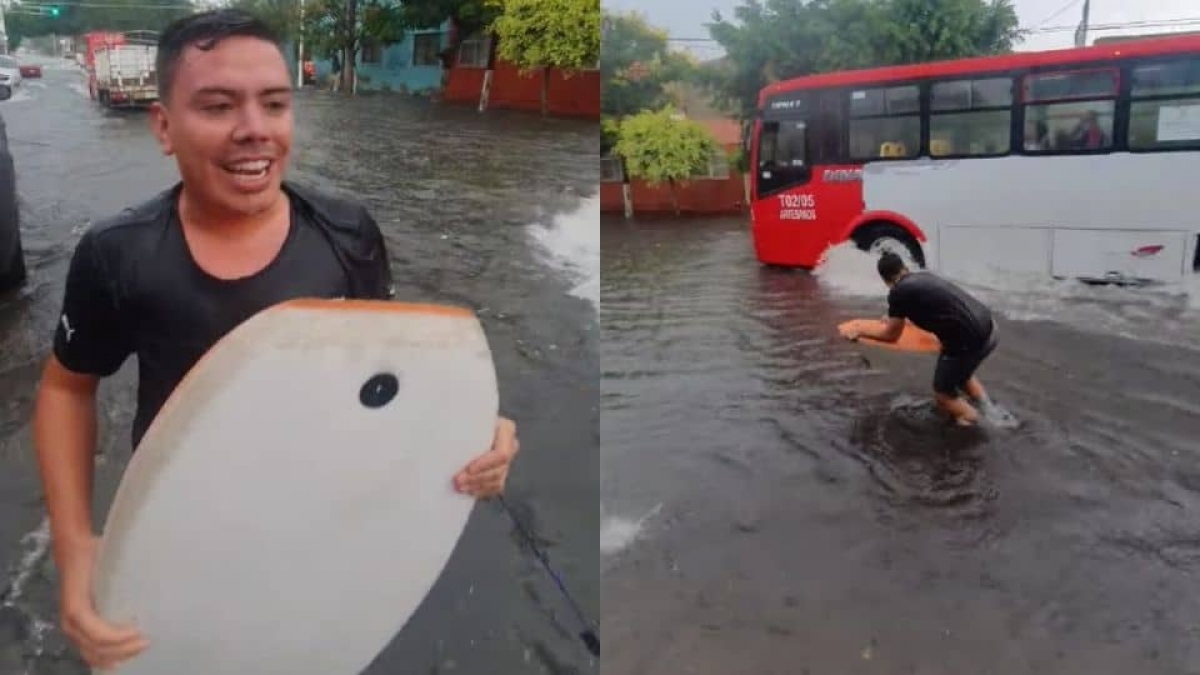 Joven surfea en calles de Guadalajara tras inundaciones