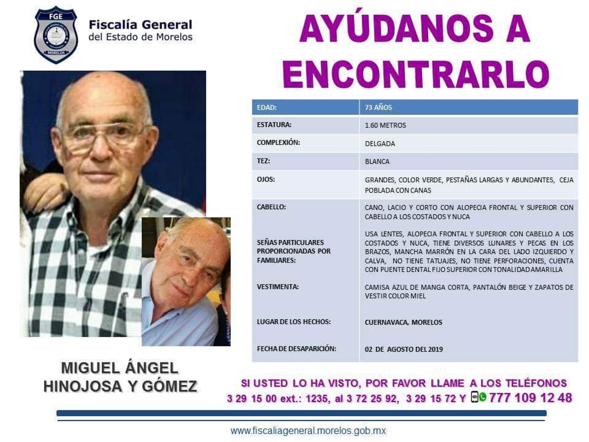 Un hombre de 73 años desapareció en Cuernavaca