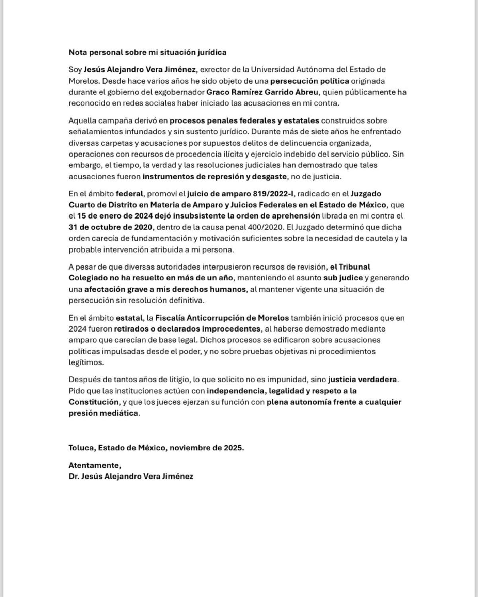 Pide Vera Jiménez 'justicia verdadera'