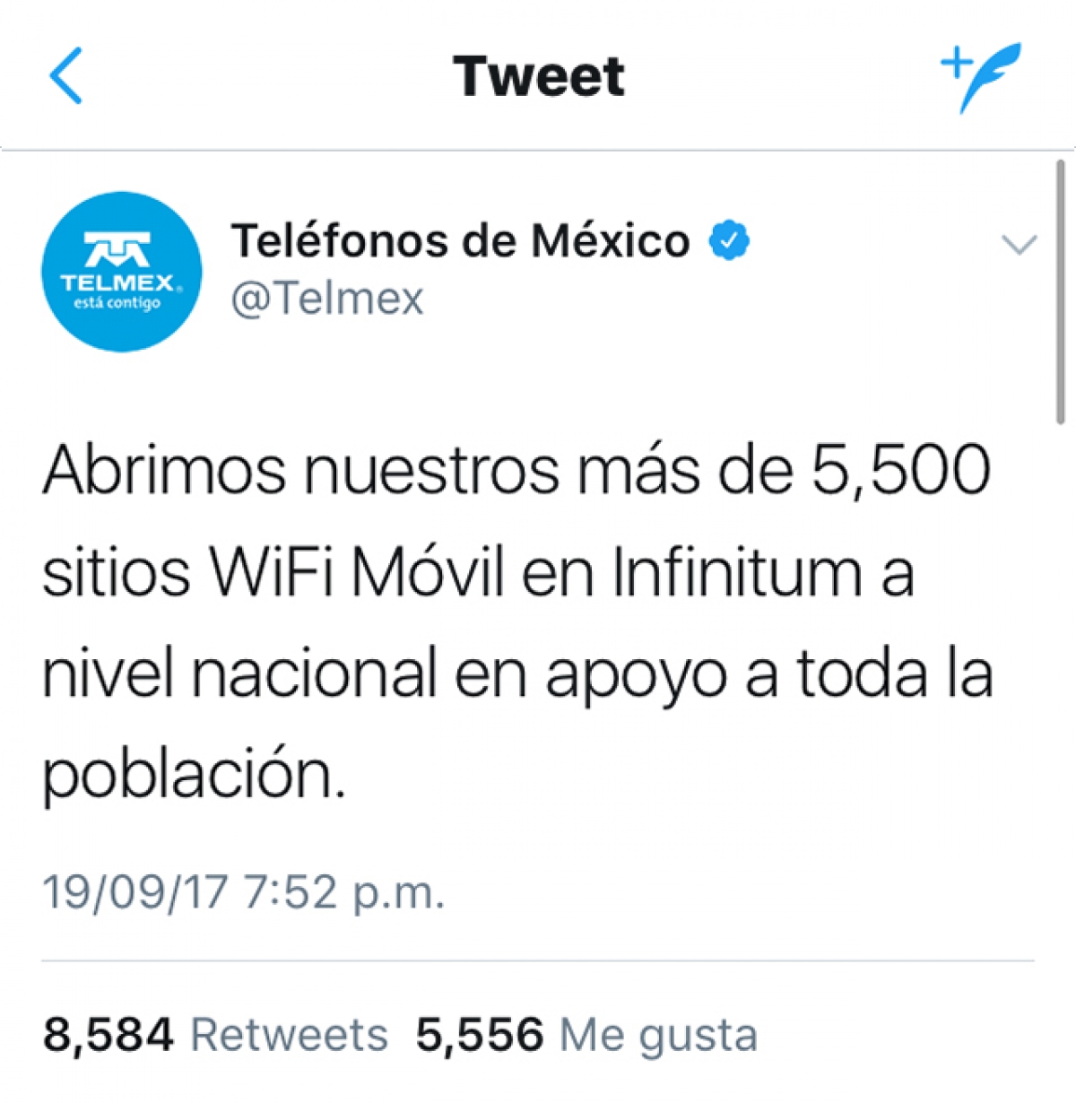 Telmex libera WiFi Móvil Infinitum en apoyo a los afectados por sismo.