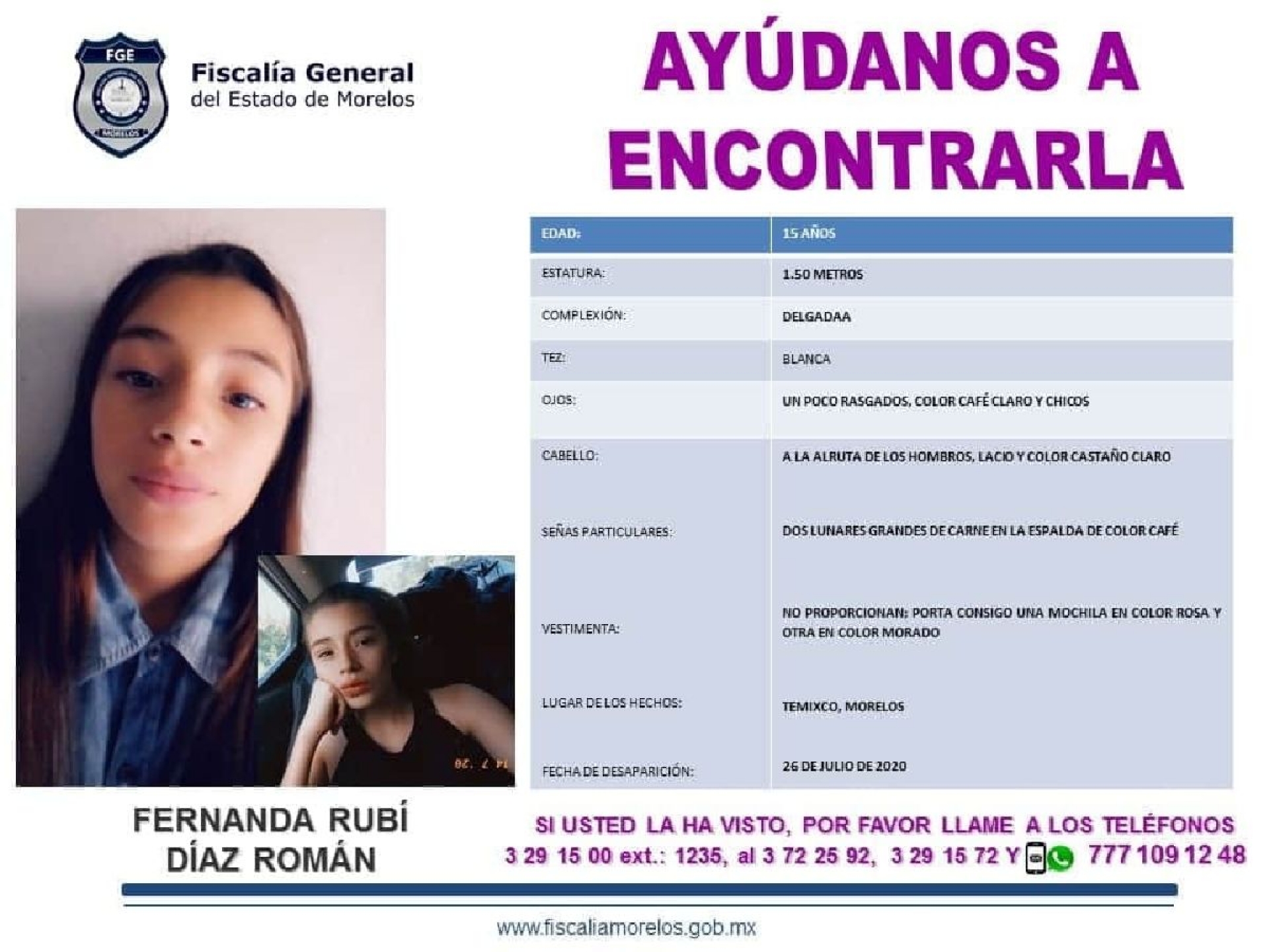 Buscan a una adolescente que desapareció en Temixco