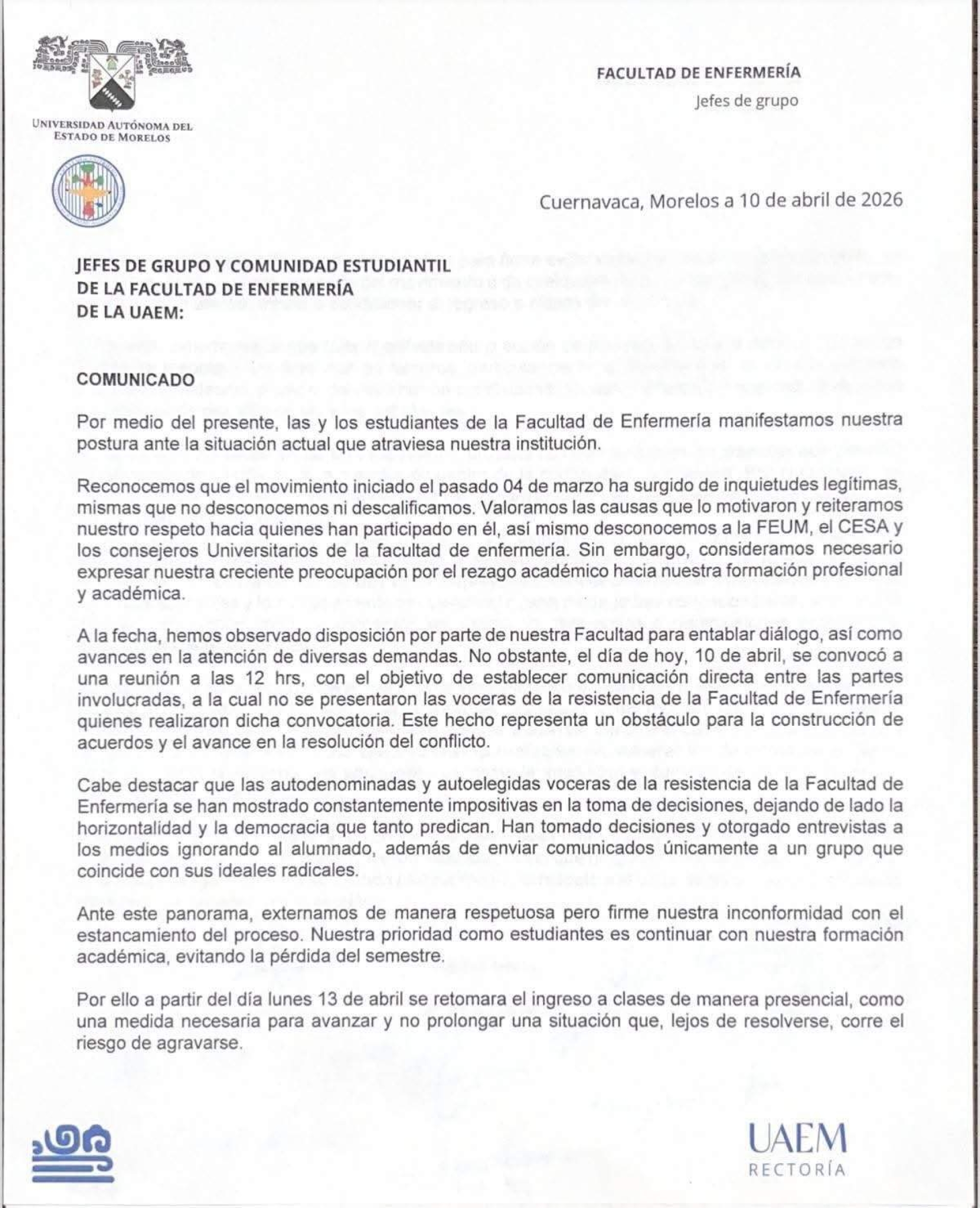 En Facultad de Enfermería buscarán clases presenciales