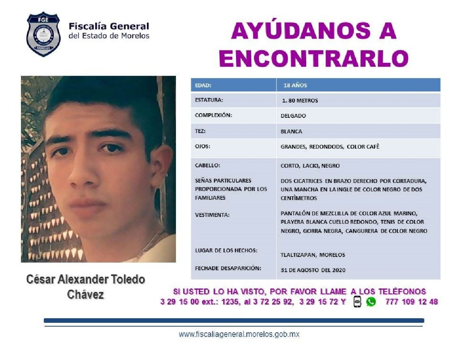 Desconocen paradero de un joven de 18 años