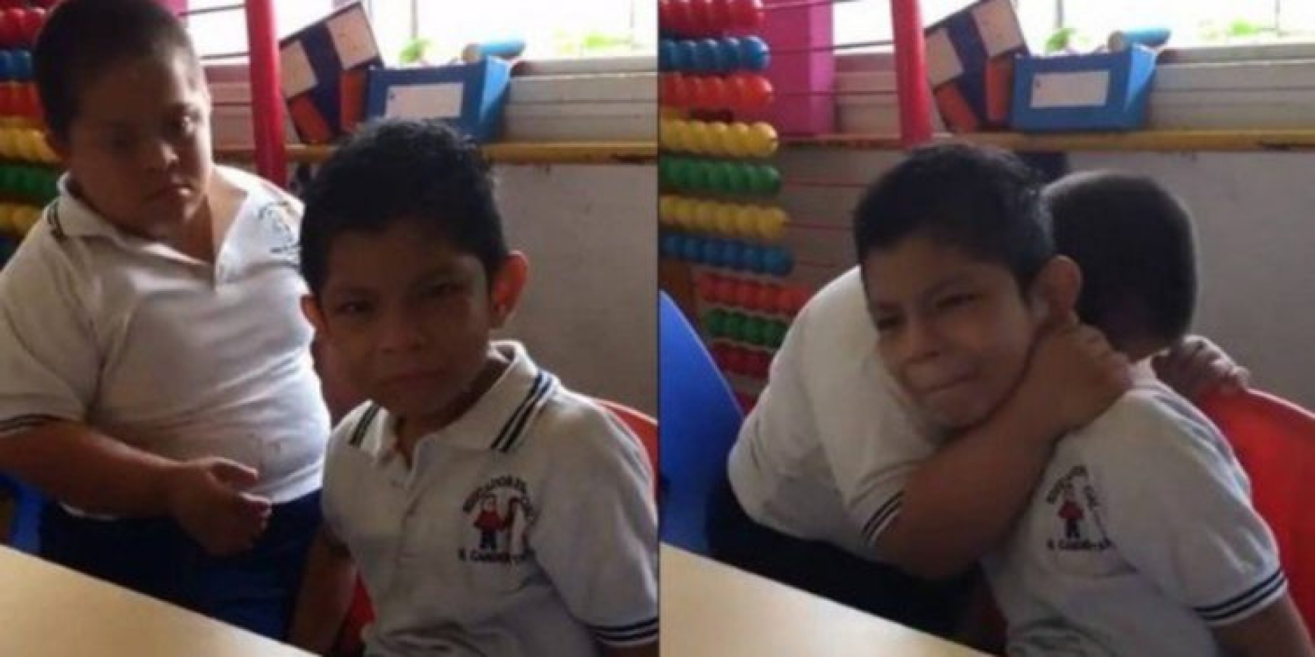 Niño con síndrome de Down abraza a su compañero con autismo para consolarlo
