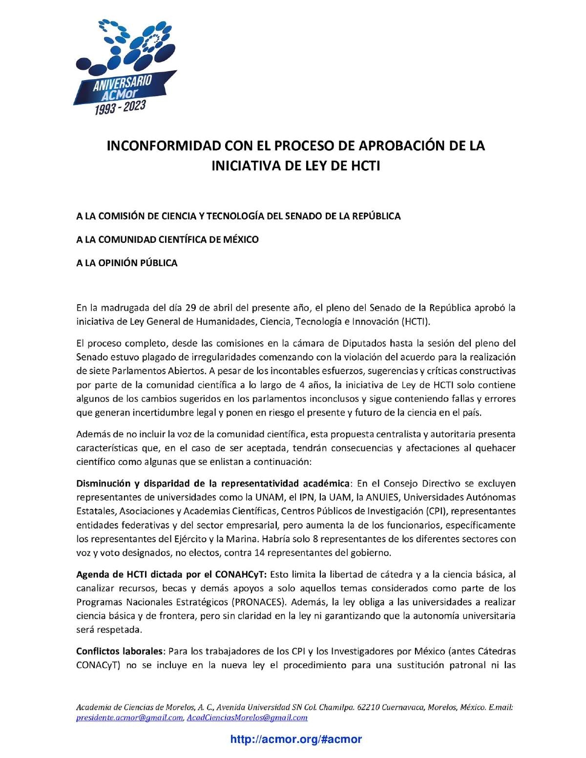 Rechaza Academia de Ciencias ley de humanidades