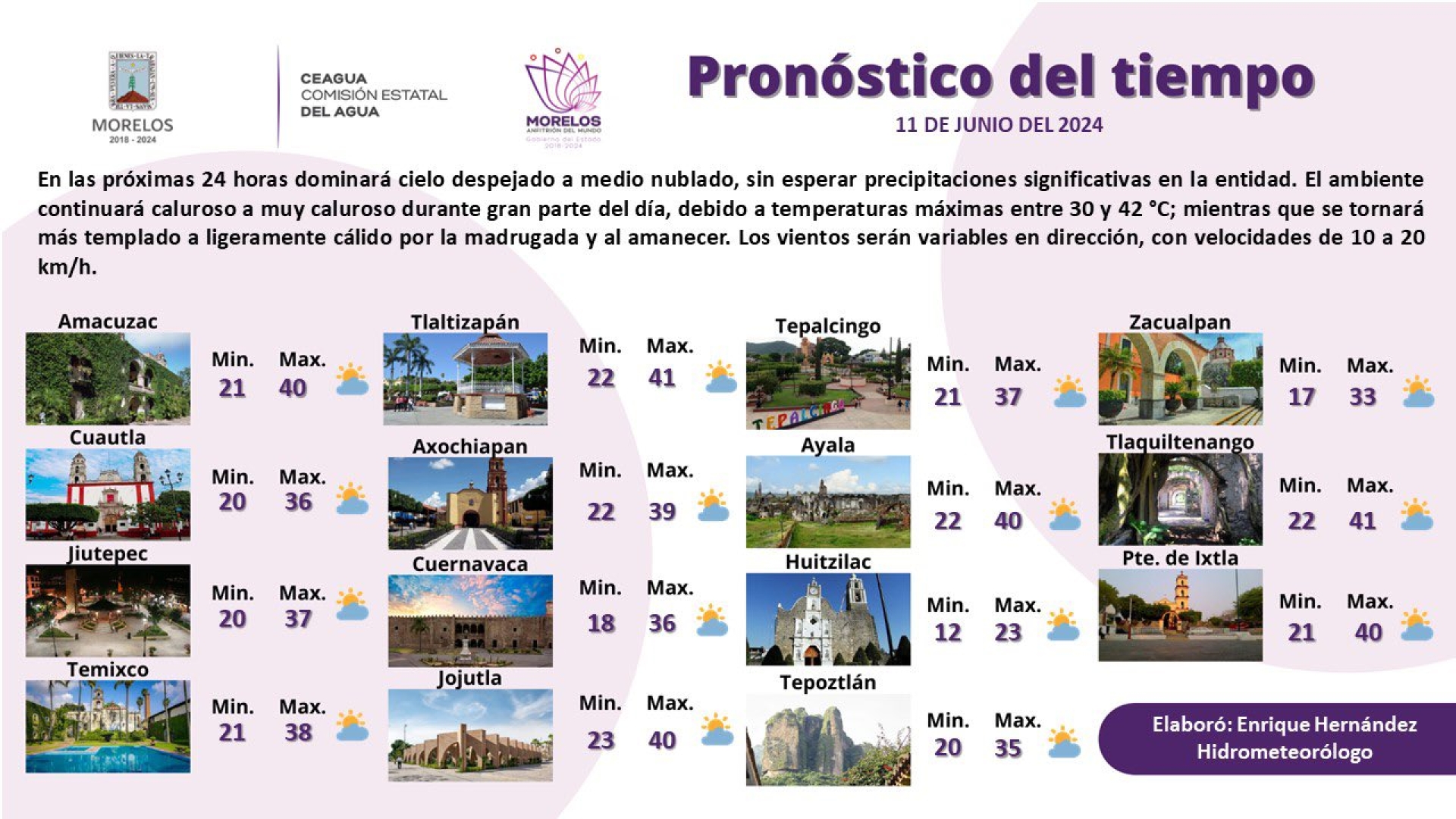 En Morelos prevalecerá ambiente caluroso a muy caluroso, con baja probabilidad de lluvia